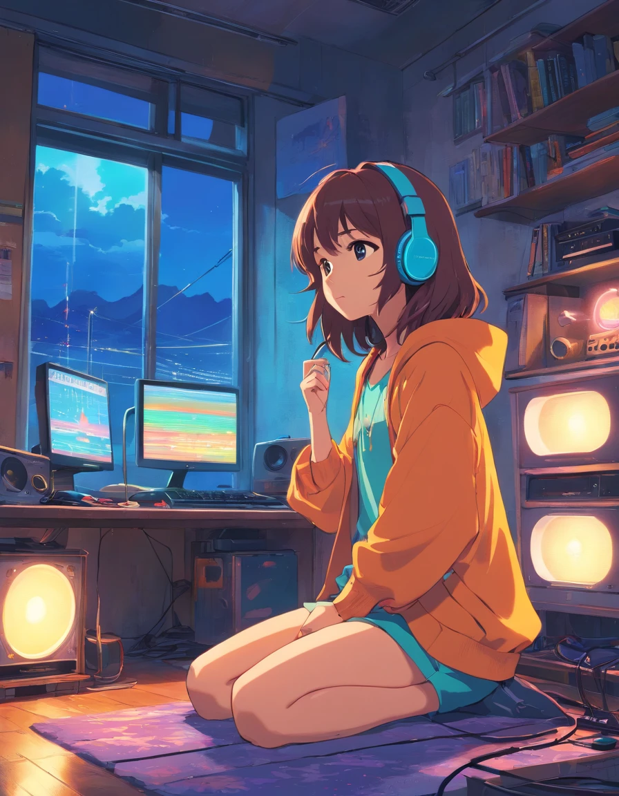 European Hippie Girl meditating in her room, dreaming, Wear headphones, night lights, Neon landscape on a rainy day, Analog Color Theme, Lo-Fi Hip Hop , retrospective, flat, 2.5D ,Draw a line, Ink Drawing, Large slope, Watercolor painting, Goosch Colors, Studio Ghibli Style, Awesome colorful, Outer Ton, krautrock, lofi art, 70s style,Old texture, amplitude,psychedelic vibe, masterpiece, Tremendous technology,