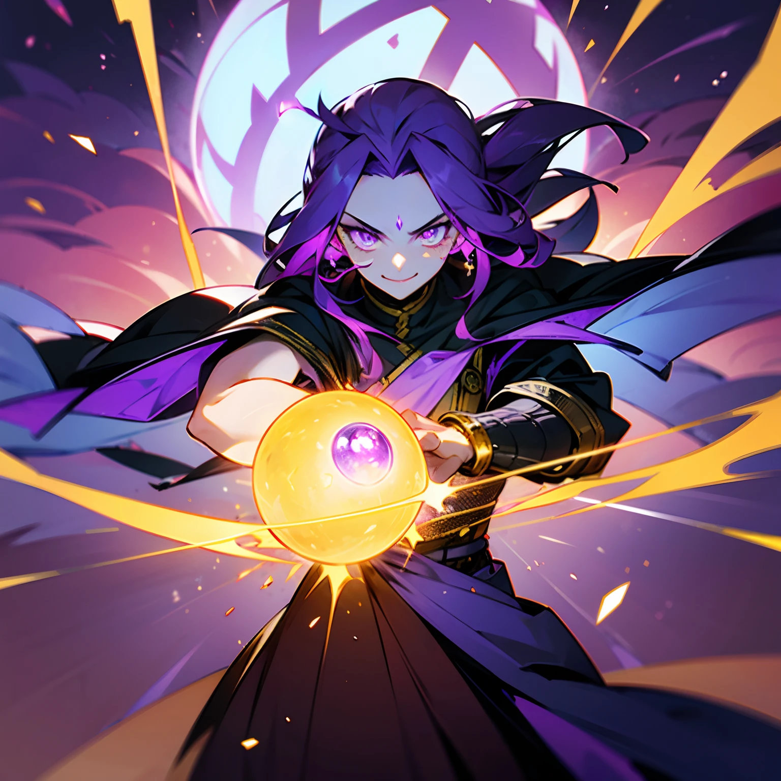purple scales，The embodiment of the snake，Snake ghosts，Full of oppression，Gorgeous Hair in Long Purple，Unique combat uniforms，Smile，Golden eyes，It's time for the end of the world，human - shaped，Broken Earth，Deep purple sky，Float on it，Holding a huge ball of energy in his hand，A ball of energy that covers the sky，frenzied，Long-range view，final fight，There are purple crystals in the middle of the forehead，The sky is shattered，The power to destroy the world，Tremendous energy，Look up，Mature men，mad smile，An energy ball that can shatter the Earth