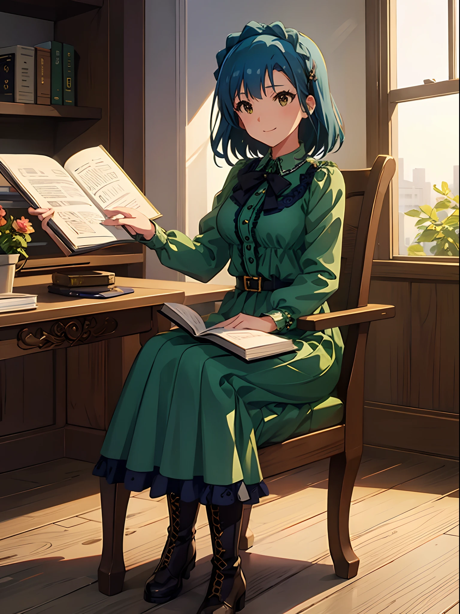 yuriko nanao (million live), 1 girl, solo, best quality, high resolution, 8k, wallpaper, ultra-detailed, light smile, vintage dress, maxi dress, collared dress, green dress, sitting on the chair, reading a book, laced up boots, brown boots,