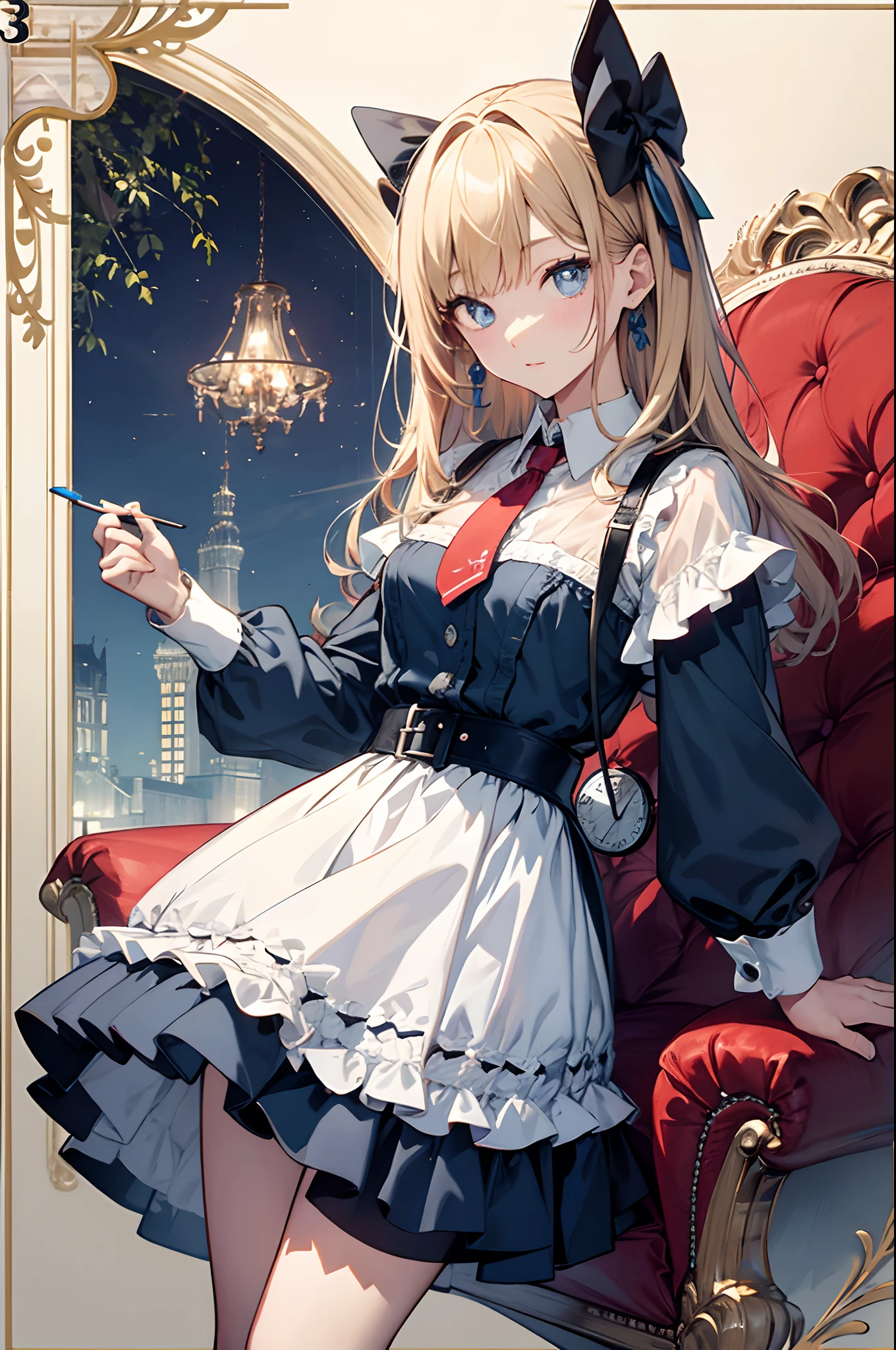 (Official art、Best Quality、Unity 8k Wallpapers、32K、​masterpiece、ultra-detailliert、超A high resolution)、Best Shadows、Fantastical、Detailed eyes and noses、Realistic pupils、Sharp pupils、((alice in the wonderland))、a blond、Tie your hair with a ribbon、Blue colored eyes、Blue Apron Dress、white sock、PlayingCards、Chasing rabbits、Pocket watch on the waist、