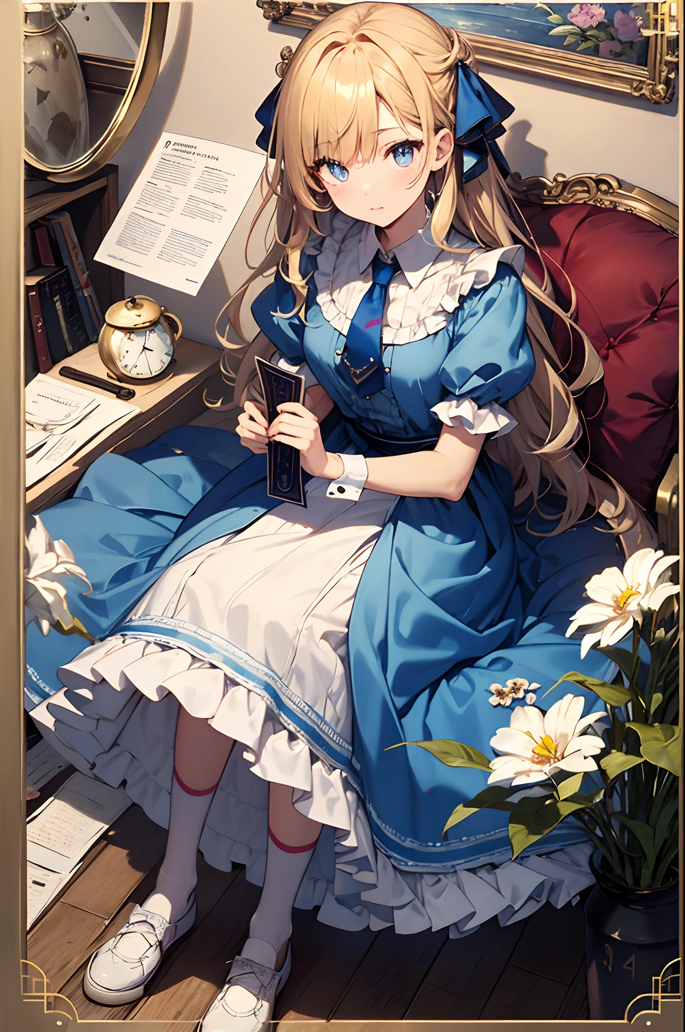(Official art、Best Quality、Unity 8k Wallpapers、32K、masterpiece、ultra-detailliert、超A high resolution)、Best Shadows、Fantastical、Detailed eyes and noses、Realistic pupils、Sharp pupils、((alice in the wonderland))、a blond、Tie your hair with a ribbon、Blue colored eyes、Blue Apron Dress、white sock、PlayingCards、Chasing rabbits、Pocket watch on the waist、