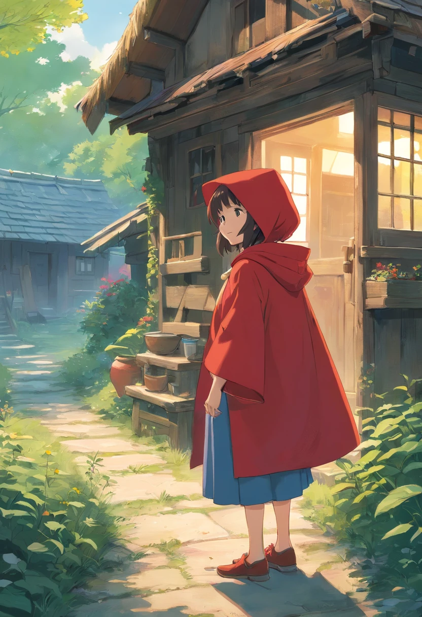 A girl in a red cloak in front of her grandmother's dilapidated cottage, littleredridinghood, big bad wolf, littleredridinghood, classic children's illustration, littleredridinghood, littleredridinghood,storybook illustrations, richard scarry, storybook illustrations, a fairy tale illustration, Storybook art, Pol Jack Davis, storybook illustrations, Maurice Sendak, , A detailed,
