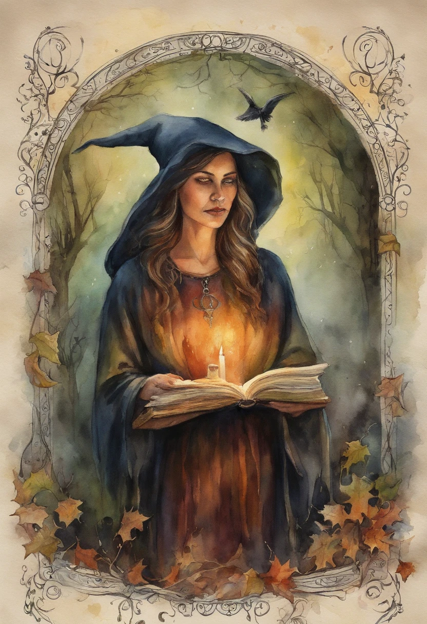 to 33 years 3 female witches, roupas pretas, Standing reading a great book of witchcraft, A triquetra symbol