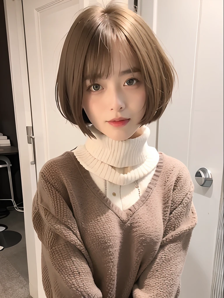 mix4,(top-quality), (Photorealsitic),(Shabby white door background:1.2), 1womanl, The upper part of the body, High Detail Face,, (Very light hair color on the inner)、 (8K)、Less bangs、(shorth hair:1.3)、(Bery short hair:1.6)、Wet hair、ssmile、Delicate and realistic skin and hair、（cowboy  shot:1.5）、Patterned lace clothes、（Dark Bordeaux hair color:1.5）、Less hair、adultlike face、Looking here、（Clothing that covers the shoulders:1.5）、（Winter clothes:1.5）、(Turn around:1.3)、inner colored、1 persons、Dramatic、Layered Hair Color、model poses、Twisting the body、Beautiful body lines、（mode:1.8）Chilly Winter