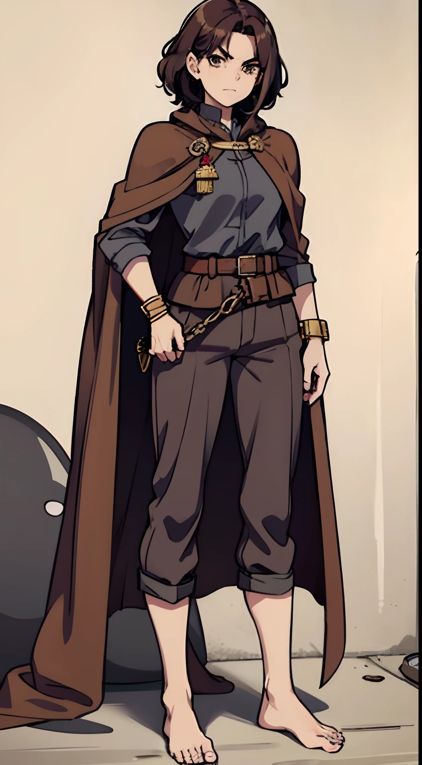 Character details,, Strong, Single, without wearing shoes, Bare feet, Short hair, Smart hairstyle, Dust, Cape, English helmet, Curly hair, Fair skin, World War II, binh, fantasy, Chocolate hair, British military cloak, Brown eyes, Angry, Large scars on the cheeks, Pistol on the belt, Bone bracelet, (the scars), Lots of shadows, Dark colors, Brown pants, Soviet shirts,