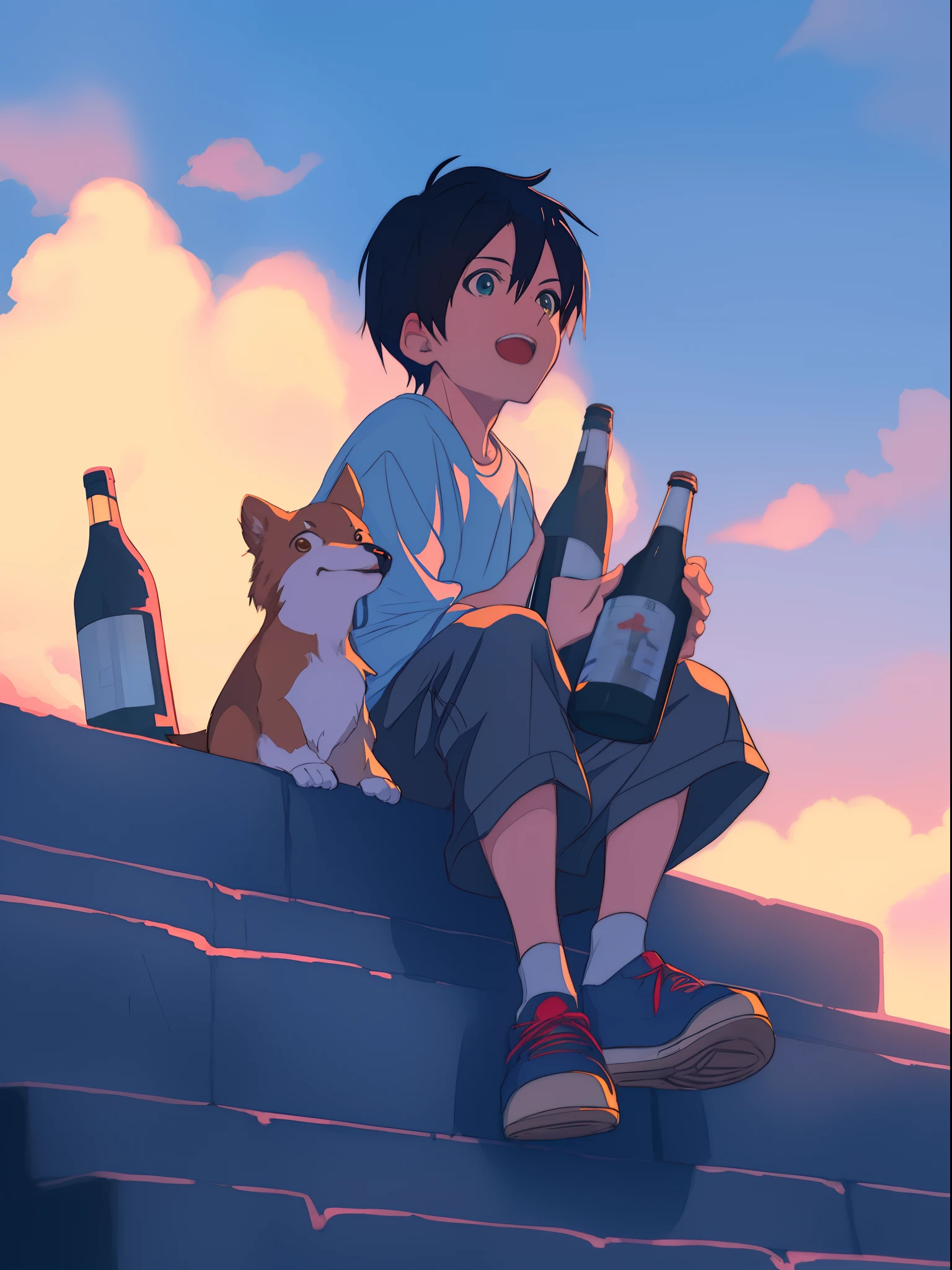 Anime boy sitting on the wall，Holding a beer bottle and a dog, lofi, Praise Artstyle, Lofi art, lofi feel, lofi vibes, Makoto Shinkai Cyril Rolando, lofi aesthetics, ( ( Makoto Shinkai ) ), Makoto Shinkai's style, lofi-girl, lofi hip hop, Makoto Shinkai!