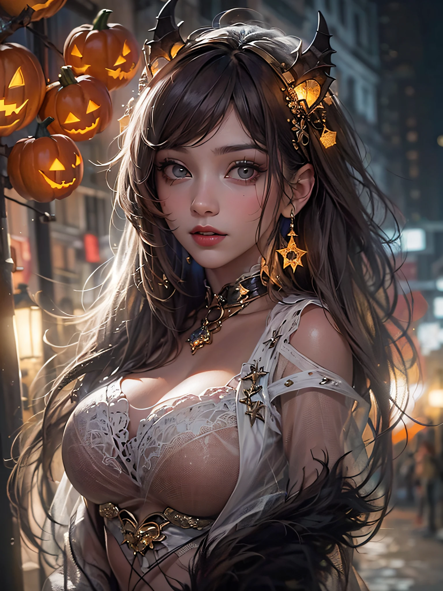 photo of a beautiful woman, (Halloween cosplay, sexy vampire : 1.2), Perfect Body Beauty: 1.4, Slim Abs: 1.1, Dark Brown Hair, Ultra Slender Face, ultra-detailed face, detailed eyes, lustrous lips ,(night, street, festive atmosphere :1.2), pumpkin, Clear Focus: 1.2( unity 8k wallpaper, ultra detailed, beautiful and aesthetic, masterpiece ,best quality:1.3),(photorealistic:1.4),