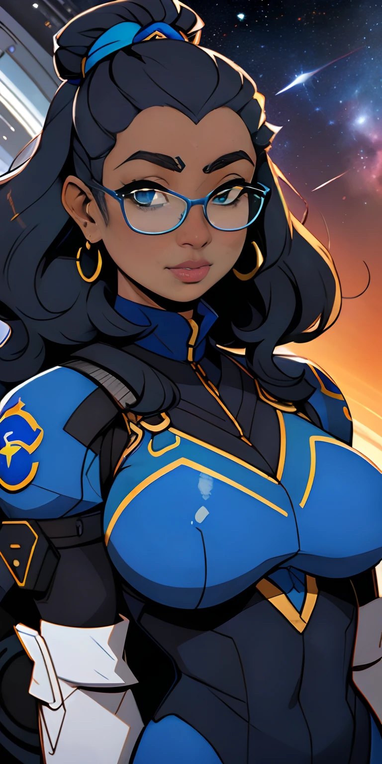 ((1 garota elfa Sci-fi, cor da pele: azul, cabelos curtos, cor do cabelo: branco, coxas grossas, Rosto corado, seios grandes, corpo inteiro)), nsfw, seios grandes, pele altamente detalhada, cor da pele azul claro, Ultra HD |, Bacground cockpit, outer space, cara bonito, Tristeague de lendas, Liga das Lendas, glasses on head, Luvas, umbigo, virilha, sci-fi, Brincos, luvas sem dedos, luvas de cotovelo, Arm sleeves, (((pele azul:1.2)))