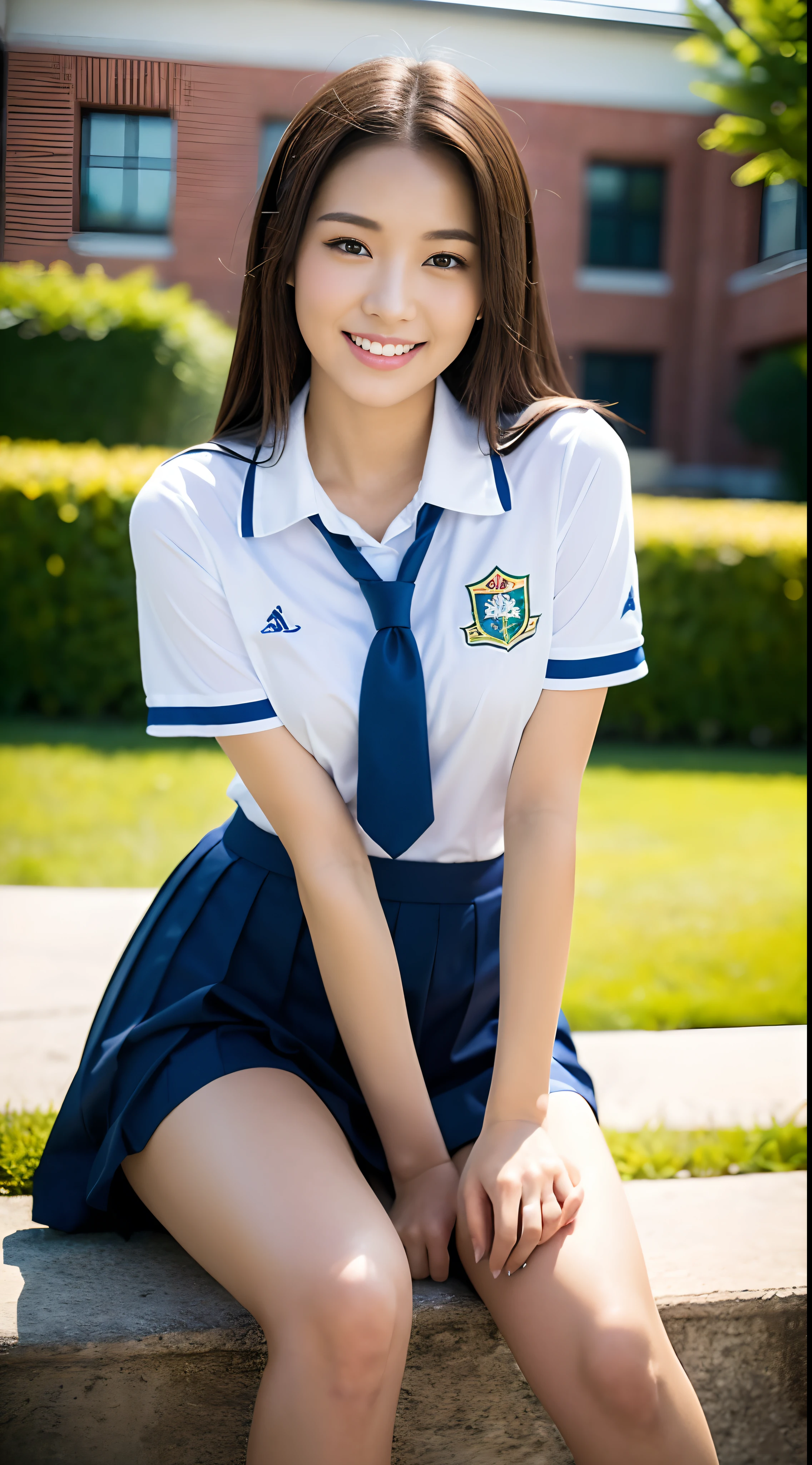 neat college girl, petite, (school uniform, summer clothes, short sleeves), outside the athletic field, (slim), photorealistic, detail, skin texture, ultra detail, delicate sexy collarbone, smile, super detailed face, detailed lips, detailed eyes, breast enhancement, waist thin