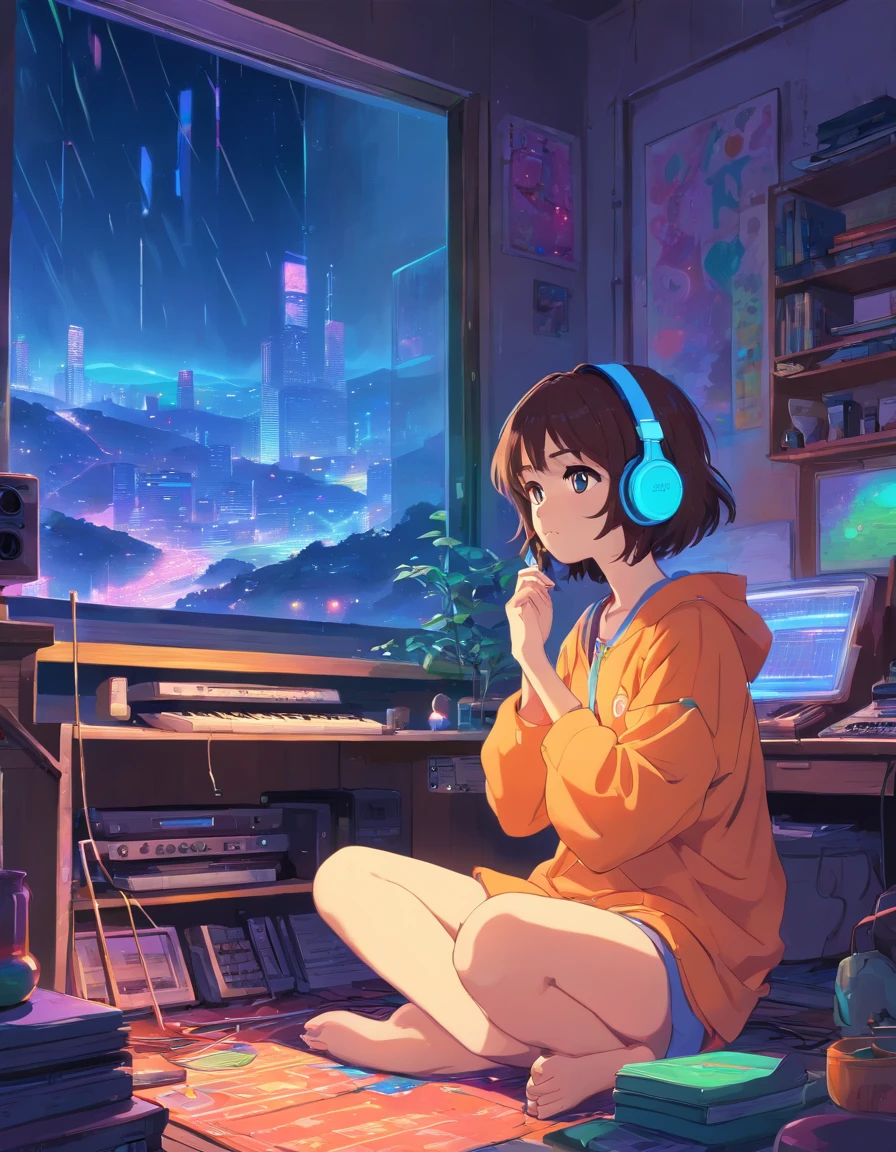European Hippie Girl meditating in her room, dreaming, Wear headphones, night lights, Neon landscape on a rainy day, Analog Color Theme, Lo-Fi Hip Hop , retrospective, flat, 2.5D ,Draw a line, Ink Drawing, Large slope, Watercolor painting, Goosch Colors, Studio Ghibli Style, Awesome colorful, Outer Ton, krautrock, lofi art, 70s style,Old texture, amplitude,psychedelic vibe, masterpiece, Tremendous technology,
