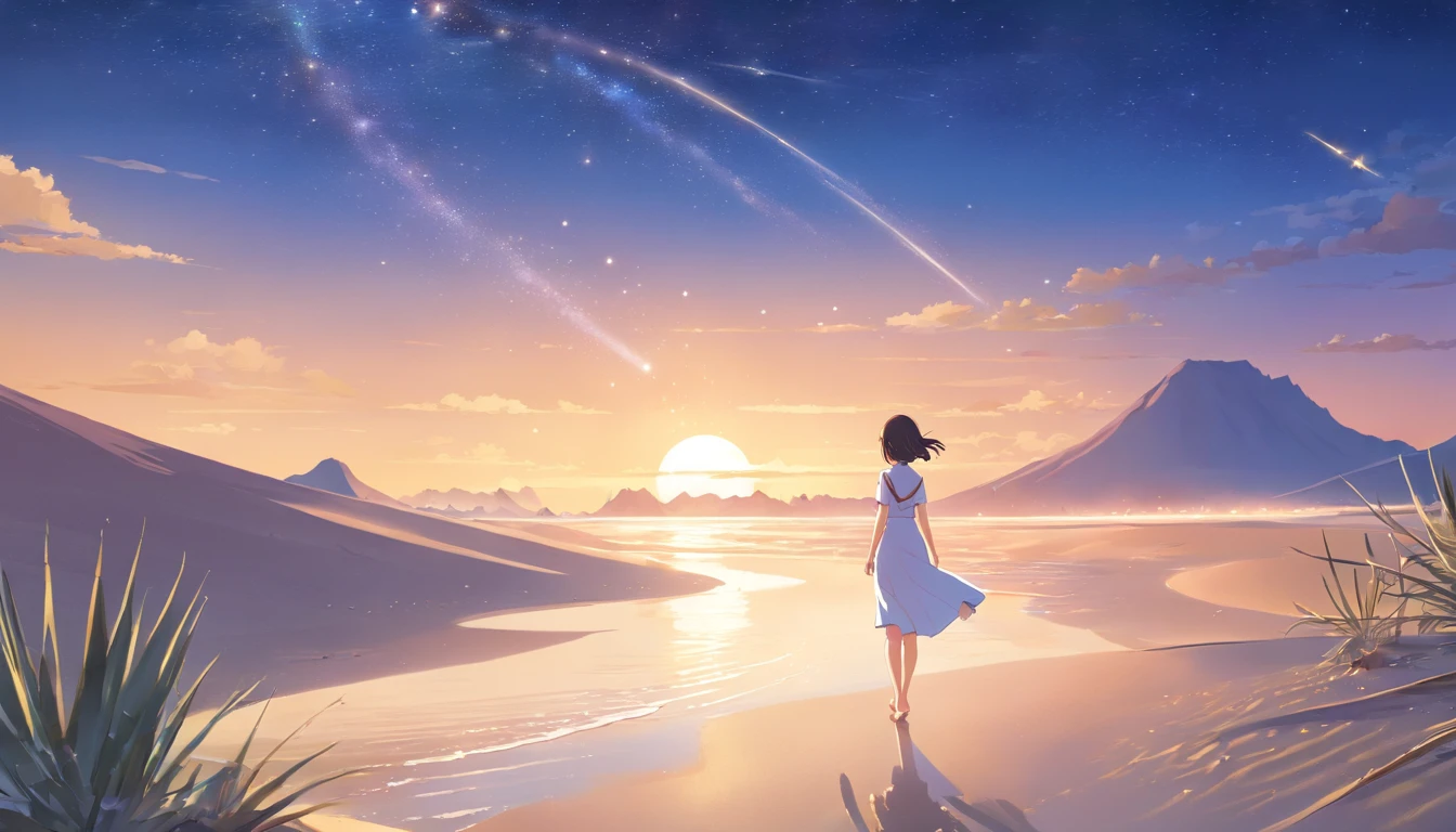 (((night star scenery, desert landscape, dreamy illusion, Amazing Pacific Island Beaches))), 1girl, goddess, white skin, beauty, wonder, stunning, attractive, simple dress, side,