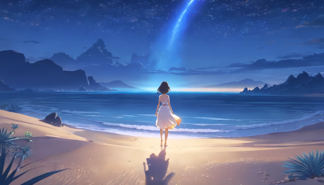 (巨作)、detail detail、8K、((Full body back photo visible from head to toe))、Girl in swimsuit and straw hat、toned buttocks、short dark hair、Colorful inner hair、Realistic and sharp details、with intricate details、Standing in the back of a meadow on a cliff near the sea, looking up at the ultra-beautiful and full view of multiple starry skies and galaxies.