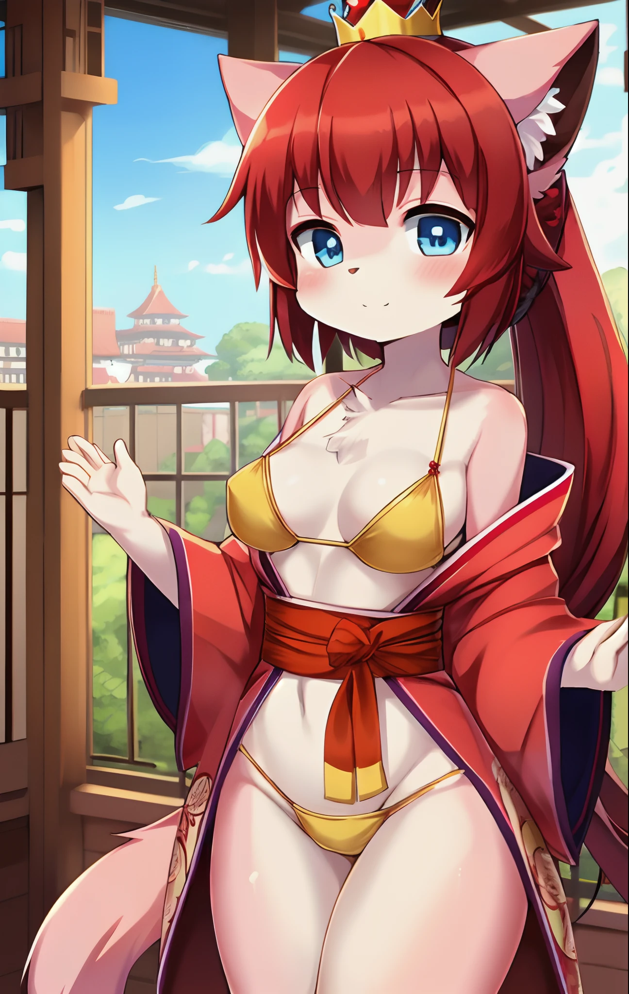 furry girl, young, cat, red hair, Knight bangs hairstyle, long wavy ponytail, anime style, medium breasts, blue eyes, kimono, kinchaku, obi, obiage, obijime, red kimono, pouch, print kimono, rope, sash, shimenawa, short kimono, single bare shoulder, under yellow bikini, princess crown, japanese castle, clear sky, high quality, detailed body, detailed eyes, detailed face, masterpiece, glistening body, detailed body fur, best quality, sfw, two tone body, pink fur, clear pink fur, :3,