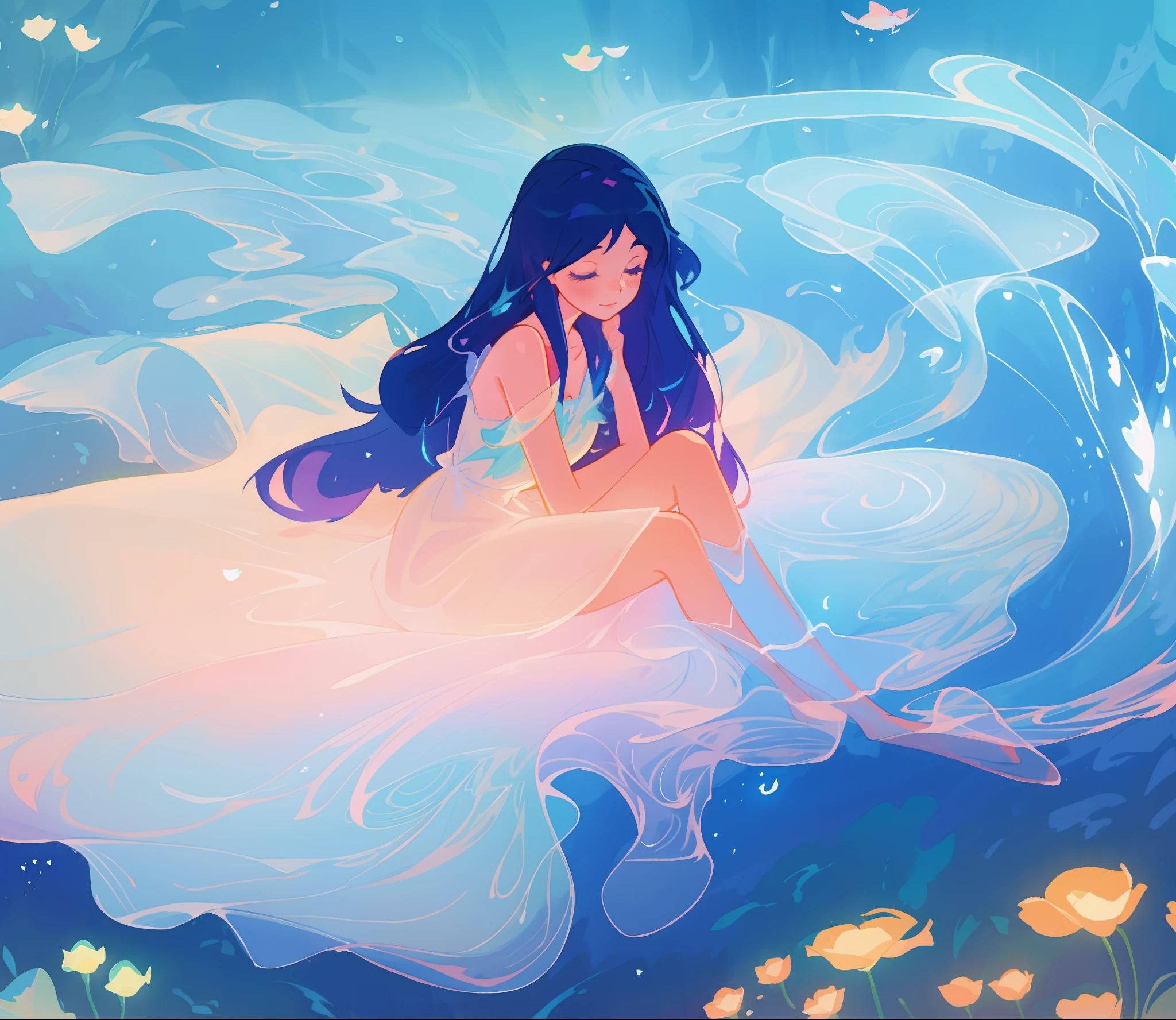 beautiful nude girl covered by seafoam, torso covered by seafoam, long dark hair, beautiful girl sitting in the water, water nymph, water fairy, watercolor illustration, inspired by Glen Keane, inspired by Lois van Baarle, disney art style, by Lois van Baarle, by Glen Keane, jen bartel, beautiful digital illustration, fantasia otherworldly, beautiful, masterpiece, best quality, anime disney style