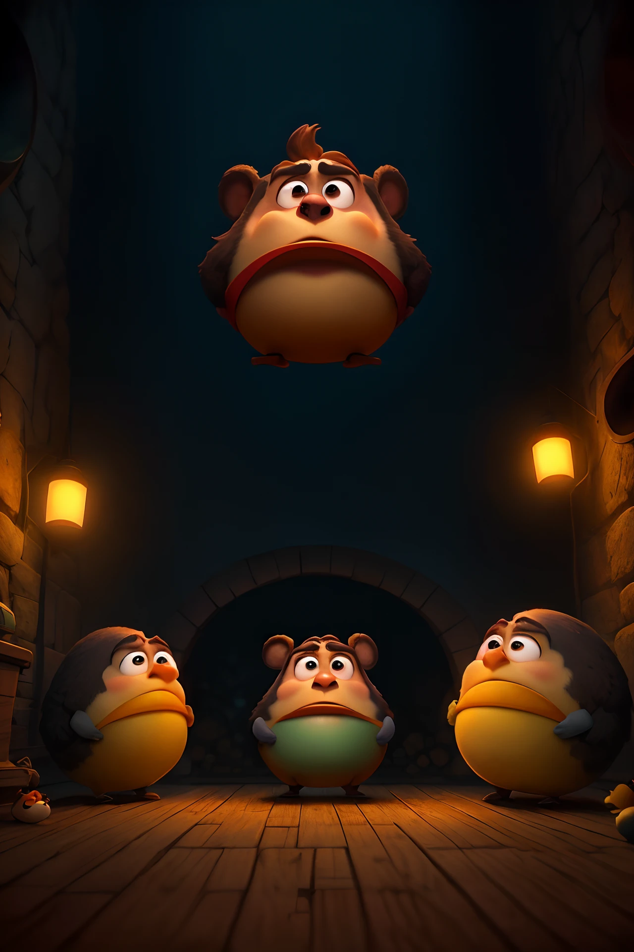 Um personagem inspirado na Disney Pixar. Imagem de um homem 30 anos gordinho olhos castanhos e cabelo curto segurando um microfone . Ele deve parecer feliz e contente . A cena deve estar em cima de um palco em um showA cena deve estar no estilo de arte digital da Pixar, focusing on the expressions of the characters, cores vibrantes e texturas detalhadas.