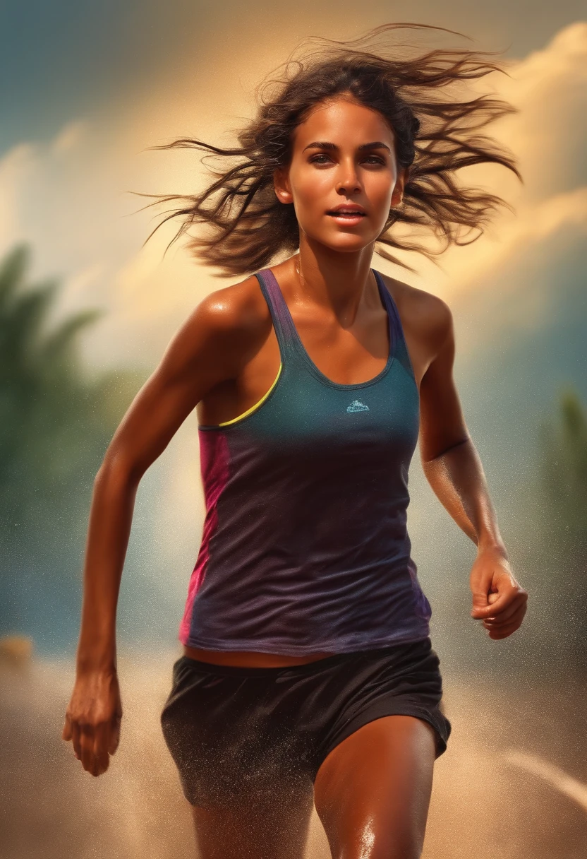 Hot tanned realistic petite tomboy girl, running, sweating a lot, wet body, wet face.