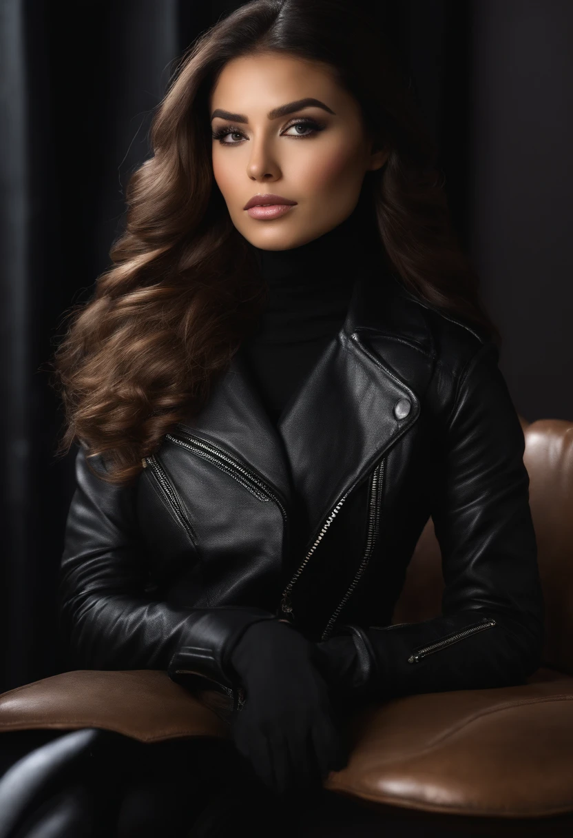 Realistic portrait, young woman, photo session, photographic studio, cinematic lighting, American portrait, vertical, professional camera, black leather biker jacket, cable turtle neck, black leather pants, black biker boots,detailed image, black hair, soft makeup, coffee shop, high-definition image, ultra-high quality, Enhance skin texture for a natural and lifelike appearance, Add intricate details to the eyes, highlighting iris colors and reflections, Specify the desired level of skin retouching or airbrushing for a flawless yet natural look