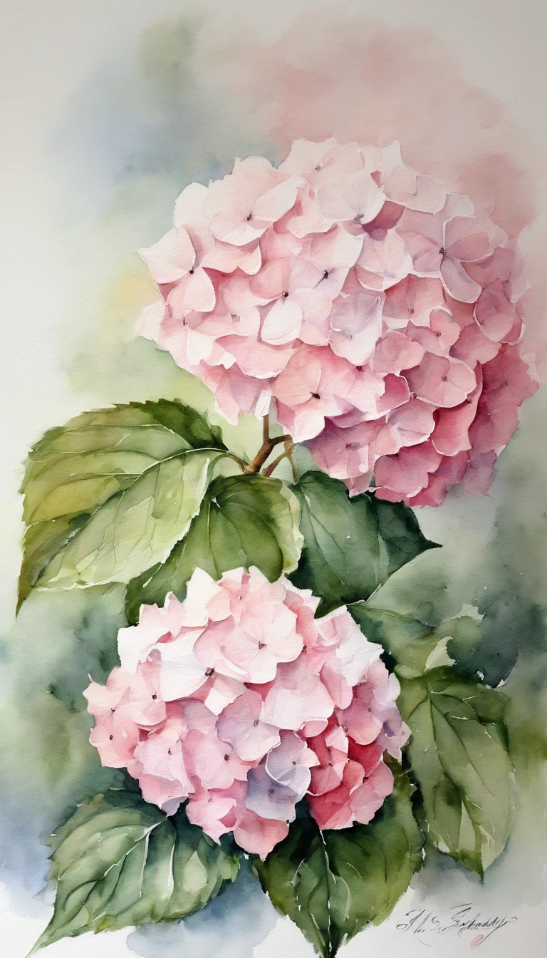 blush pink of 2 hydrangea, white background, (best quality), masterpiece, extremely detailed