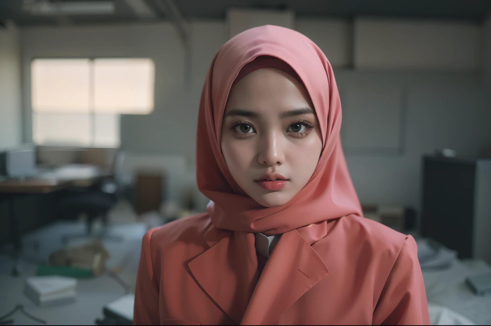 (masterpiece, best quality),1girl ,with pink hijab, (mira filzah), malaysian girl, malay face,A-line haircut,body, Arms crossed behind the back pose, LED panel lights arranged in square formation to mimic existing indoor fixtures, A dystopian ghetto controlled by local gangs armed with hacked police weapons like EMP blasters and Taser shotguns