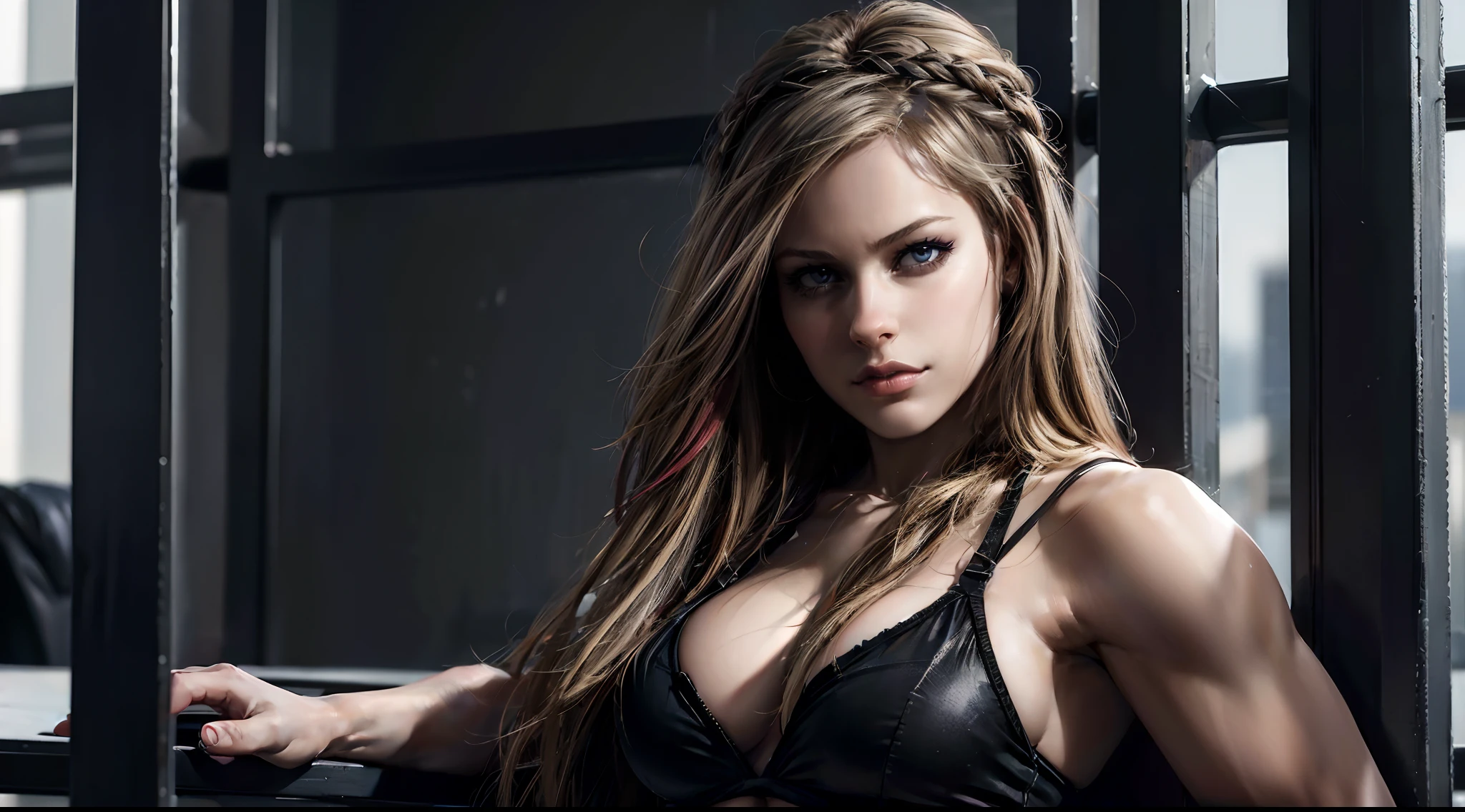 hyperrealistic, 8k definition, masterpiece, very detailed, 24yr old (Avril Lavigne:1) as a bodybuilder Olympian Goddess of strength and beauty who is the CEO of a company, wearing tight revealing business suite, at an office with weak employees around her, really long black hair with a Greek style braid, perfect body, showing abs and legs and G-cup breasts, (hyperrealistic portrait, big depth of field, colors, polycount), wide shot, highly detailed face, full body in the picture