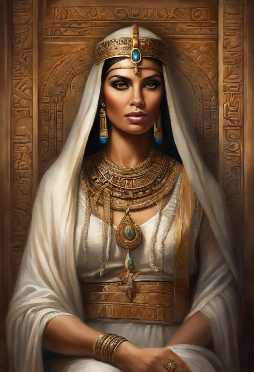 Cleopatra in her craft and her long light brown hair , 35 years of experience. His keen focus and intense gaze forward seem to pierce through the darkness of ancient Egypt, Revealing Hidden Truths and Mysteries. The intricate details of their traditional robes are reproduced in stunning detail, while cinematic lighting adds a touch of drama to the scene. Esta imagem sobrenatural, Captured in 8K resolution, will leave you in awe of its beauty and depth