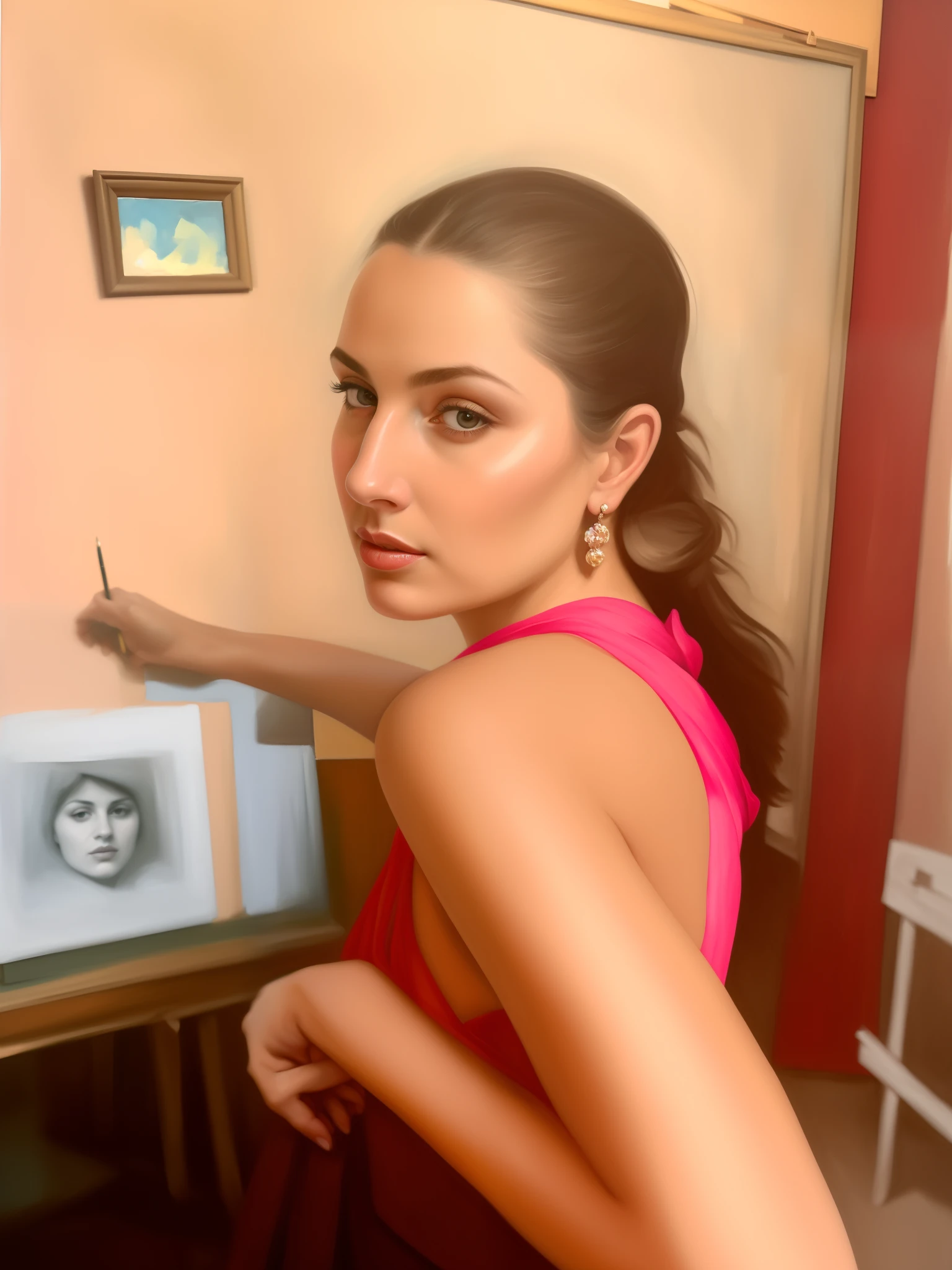 italy in 1780s poor painters studio, painting LaGermania style of Artemisia Gentileschi, background in painting style picasso