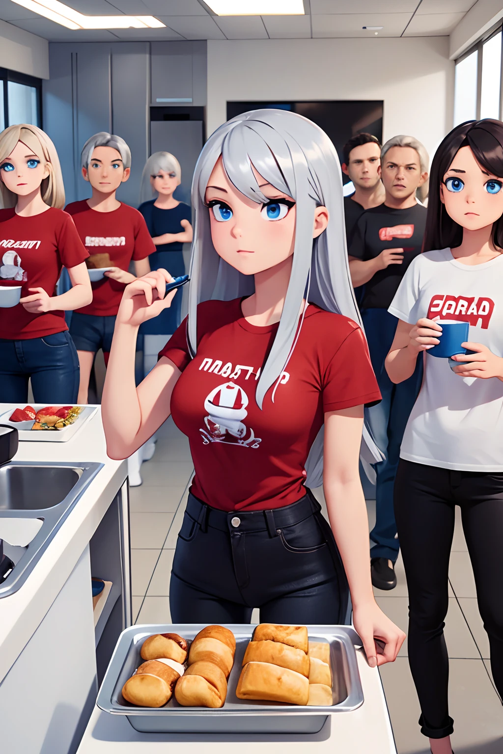 Mass-produced Android housewife assembly line. full silver hair, red t-shirt, black jeans, blue eyes