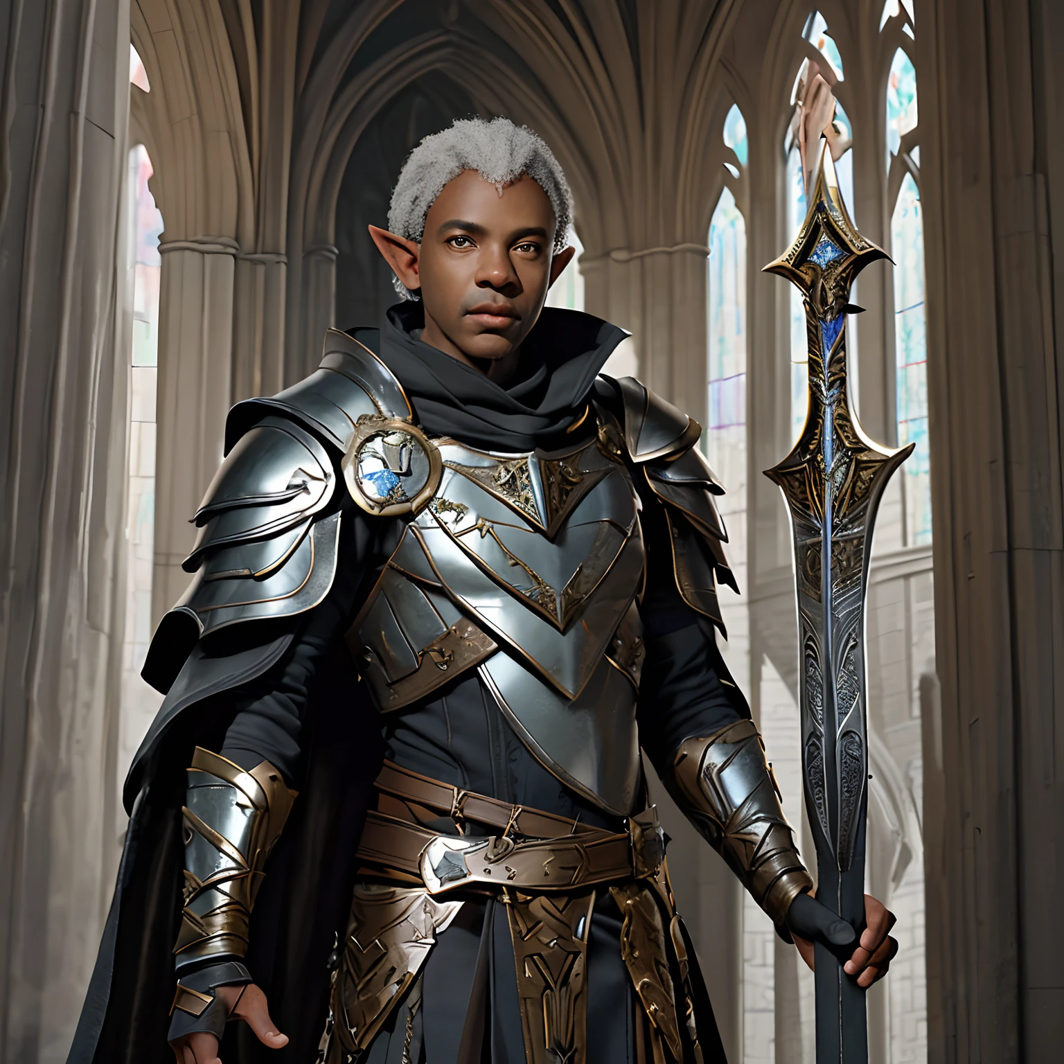 A mature male African American Elf in tattered full plate armor, Leather cape shrouding behind it, hair short and cropped, both hands grasping his longsword, a stern expression as he stands proud in a cathedral like throne room with braziers illuminating the dimmed halls,