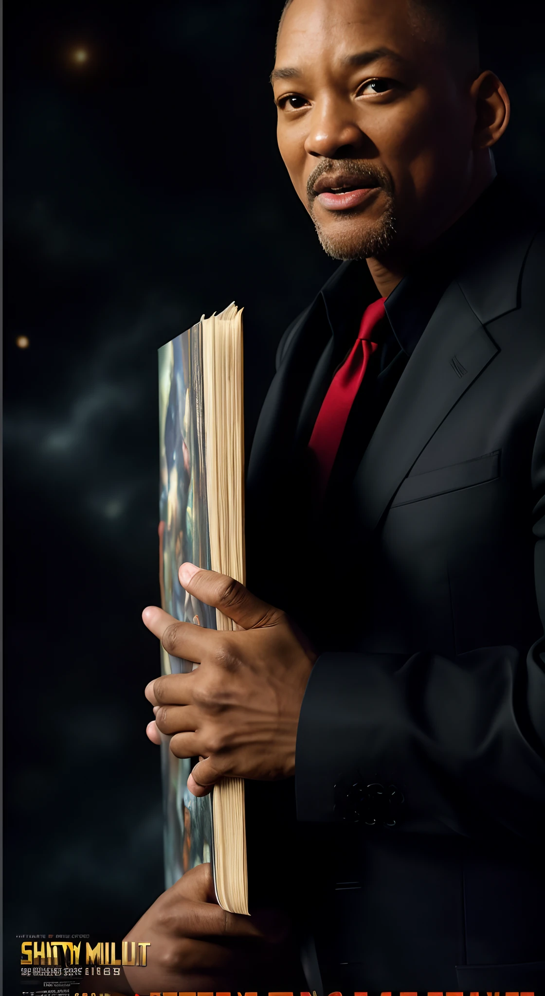 ((Movie Premiere Poster 1.8)), tmasterpiece，（best qualtiy），highly  detailed，ultra - detailed，(Dynamic pose:1.2),(Dynamic camera)，2 men，Father and son，Will Smith（Will Smith）and Morgan Freeman（taken in the early 2020s,he is about 7 0 years old），8K, High definition, Detailed face, Detailed eyes，Holding a very thick book，in style of marvel and dc, Hyper-realistic, + cinema shot + Dynamic composition, Incredibly detailed, Sharpen, Details + Superb details + evening with light + perfectionism + award winning realism ((Moody lighting))，Be interviewed，（Background with：A dim and colorful nebula，）Sci-fi style，((Movie Premiere Poster 1.8)), Be interviewed，
