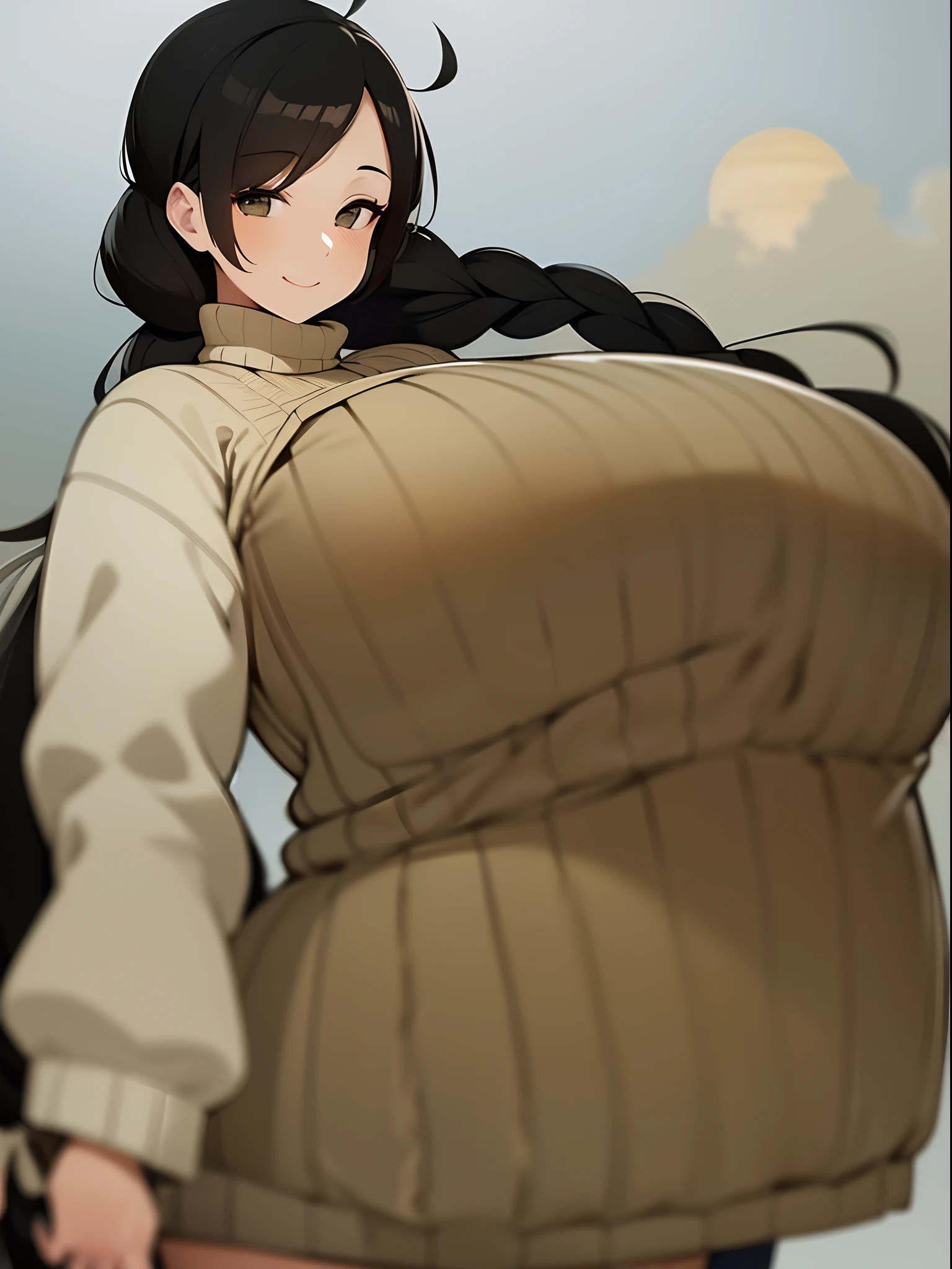 masterpiece,high quolity,black hair woman,long hair, beige summer sweater,standing,look back,braid ponytail,ahoge, moon night, smile,(huge busty:1.5),((It's big and puffy sweater )), realistic background,halloween,