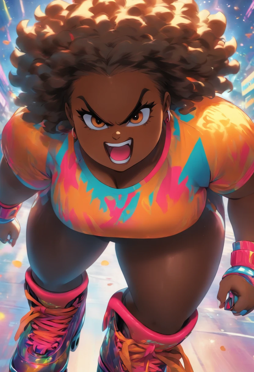 short chubby woman, black african, angry sexy, wearing roller skates on feet, thicc, medium large breasts, sensual, no tattoos, dark black skin, evil grin, oiled skin, dressed in black, wearing shorts, wearing baseball cap, erotic, nose ring, very dark skin