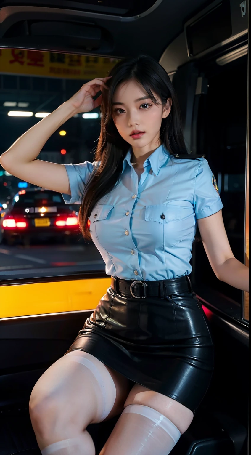 Pose in a city police car, A picture,Raised sexy, police officers, Wearing a police uniform, police officers, officer, Police, Outfit, female sheriff, korean women's fashion model,tight-fitting,Skirt that wraps hips,Tight short skirt with hips,high-heels,Pear-shaped body,Long legs,Wear different colors,Fair skin,lacepantyhose