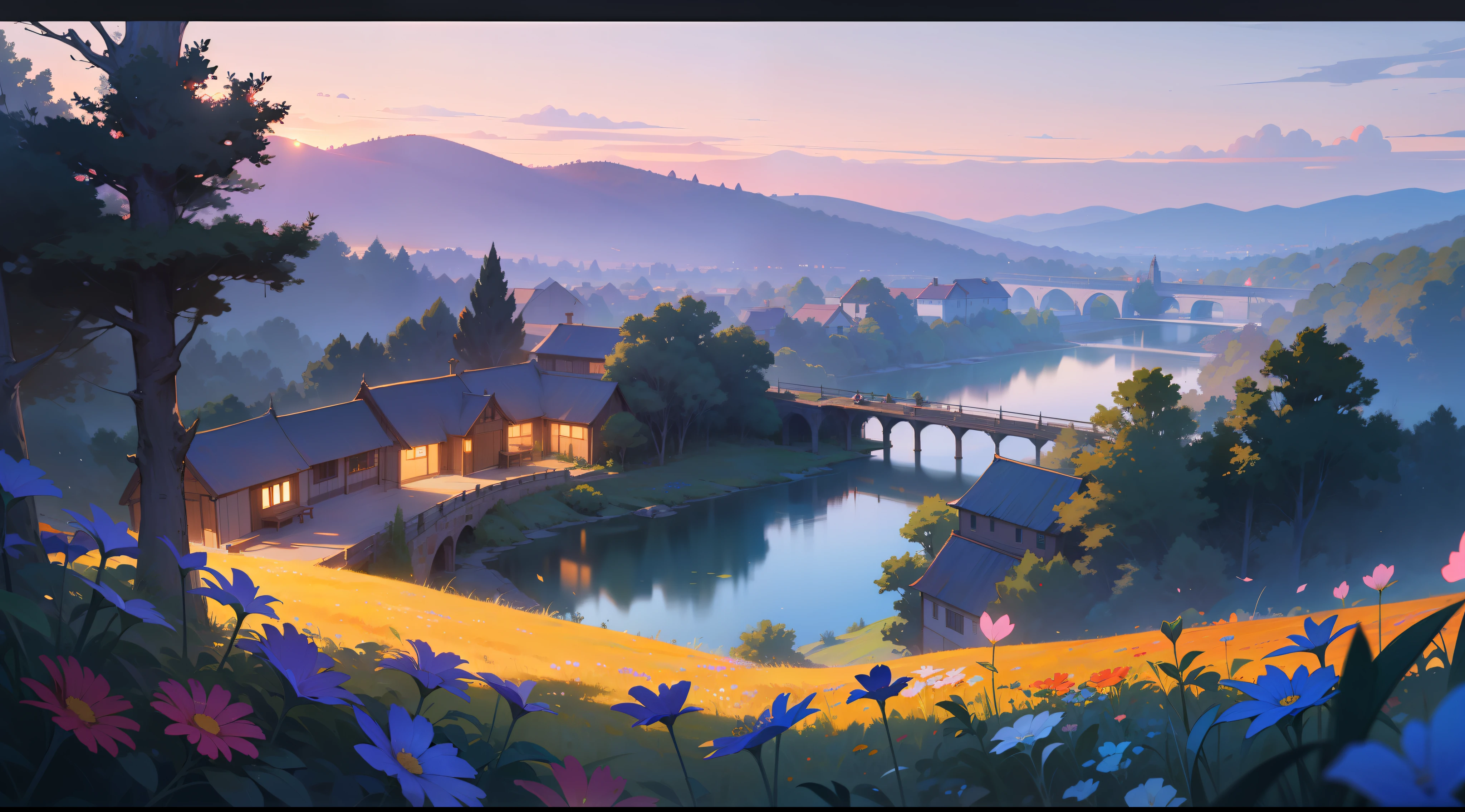 At the edge of a serene, azure lake lies a picturesque village nestled among rolling hills and vibrant flower fields. The quaint cottages are adorned with blooming vines, and a charming stone bridge spans across the tranquil waters, connecting the village to a lush, untouched forest. The air is filled with the sweet fragrance of wildflowers, and as the sun sets, the sky transforms into a canvas of warm oranges, pinks, and purples, casting a magical glow over the idyllic scene. It's a serene and enchanting vista that captivates the soul. A masterpiece, 8K, best quality, ultra-detailed, cinematic beautiful lighting, intricate details, looking at viewer, depth of field