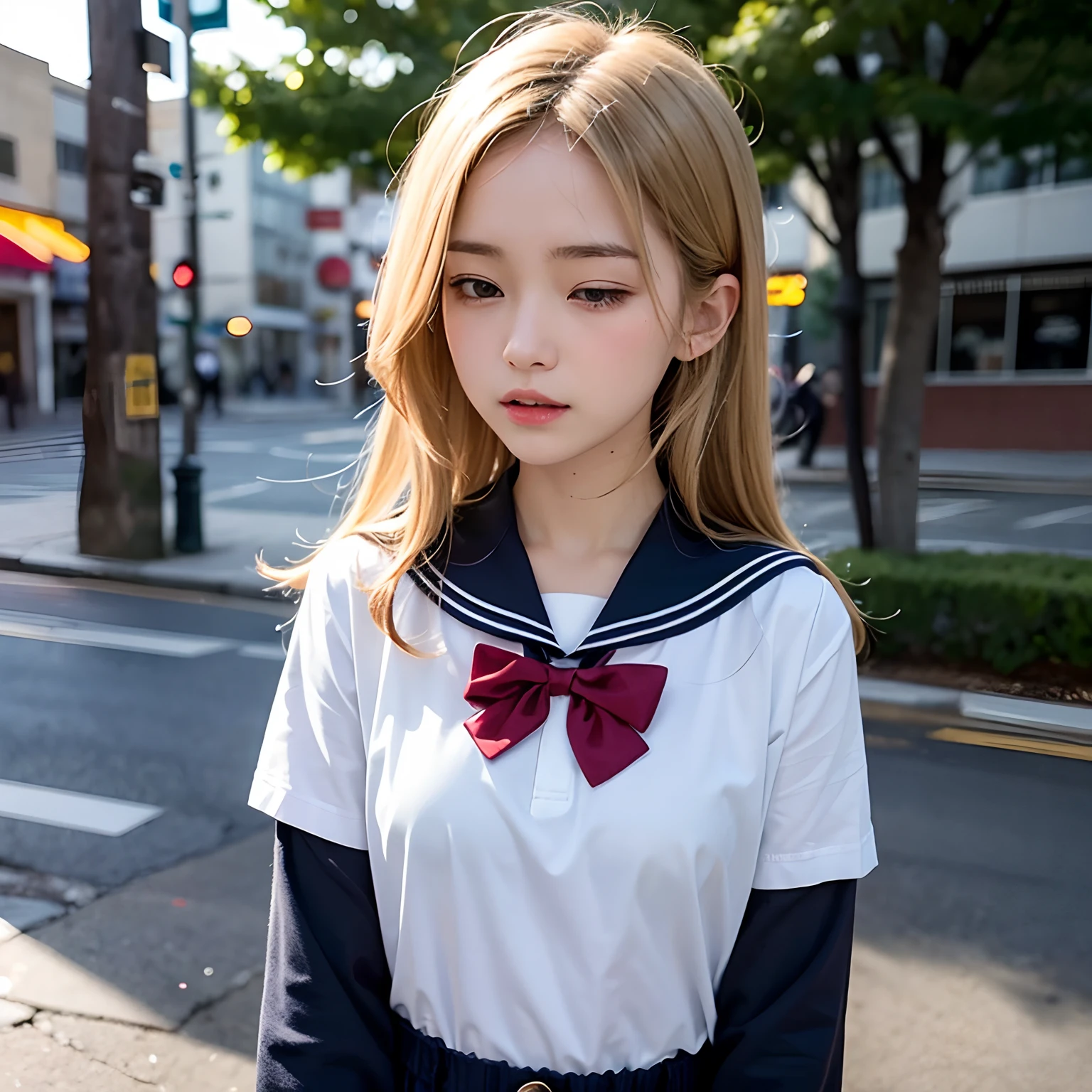(masutepiece, Best Quality:1.2), 8K, Official art, Full body photo, full body Esbian、The chest is free、Take off your jacket、a blond、Blonde Beauty、Bronze hair、embarrassed from、Facing up、skinny、14years、small tits、Eyes closed、Deep sadness、Sorrow、look up sky、screeming、 unbelievable Ridiculous, (Upper body, Sailor suit on top、Naked underneath、serafuku:1.4), Beautiful Girl, Pretty Face, arching back down, cute panty、Gold hair ornament on hair、Cute underwear underneath、close up, School uniform, Short sleeve, gardenia, violaceaess, Teen, Street, Looking at Viewer, Film grain, chromatic abberation, Sharp Focus, face lights, Dynamic lighting, Cinematic lighting, Eyes and faces with detailed, Bokeh background, (1 dark red bow tie:1.2)