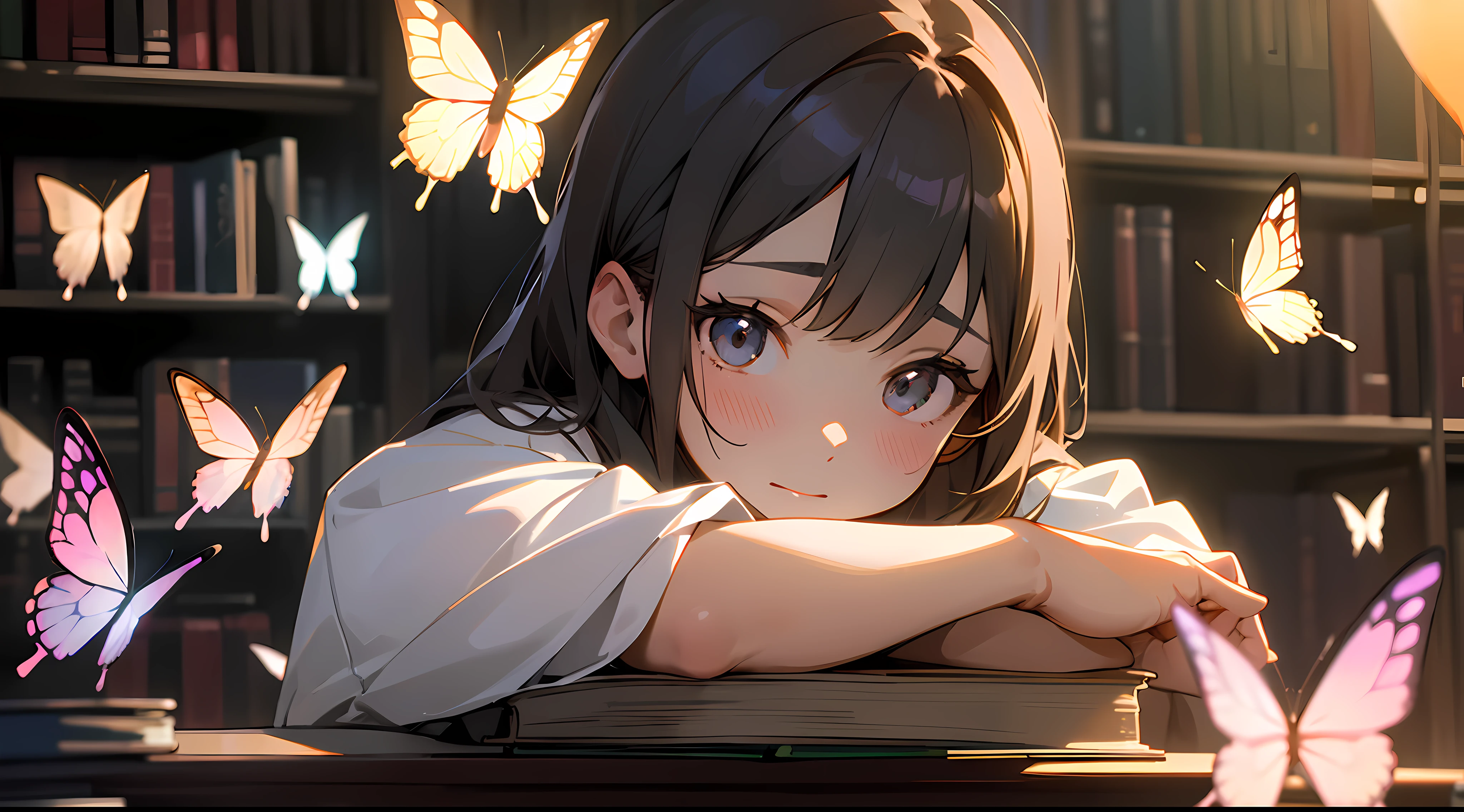ultra-definition、Fantastical、Detailed facial、Detailed facial、Fine lines、Girl looking at a bottle with butterflies in it、Glassware、Labware、atlibrary、Books are piled up、Paperwork is cluttered、fantastical light、Light Effects