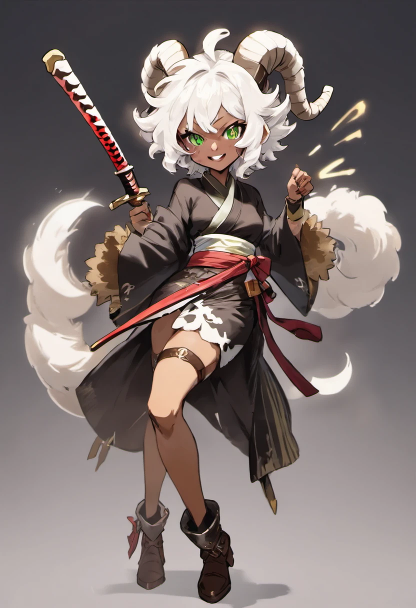 anime girl, green glossy eyes, wearing brown tall pirate boots and a white and black kimono uniform, white curly afro hair, female, smiling, mixed skin color, curled goat horns, goat ears, goat tail, holding a katana in her hands in a fighting stance