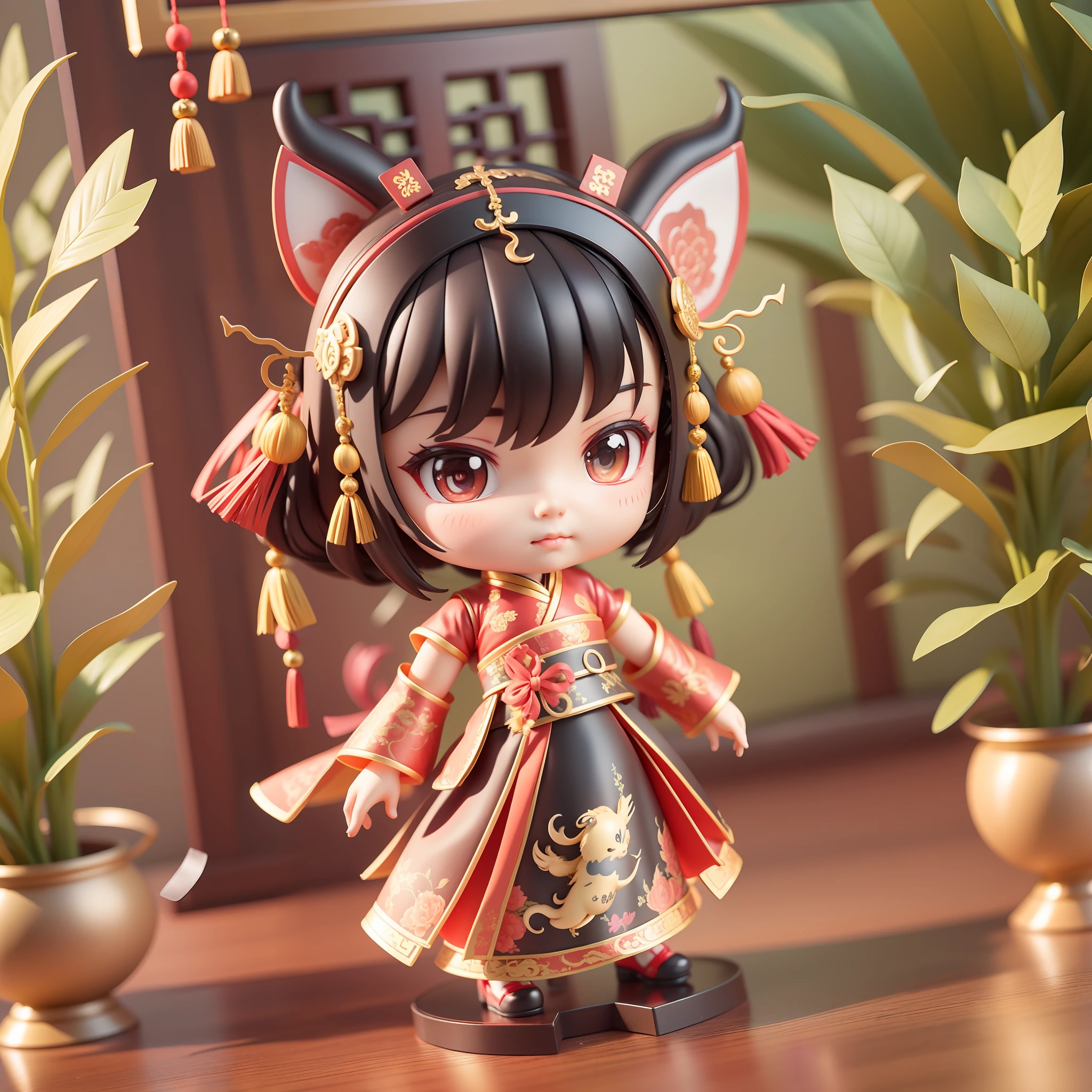 Surrounded by elements of the birthday dragon, teenager in traditional Chinese costume, cute 3D rendering, vinyl toy figurine 3D rendering stylized dragon