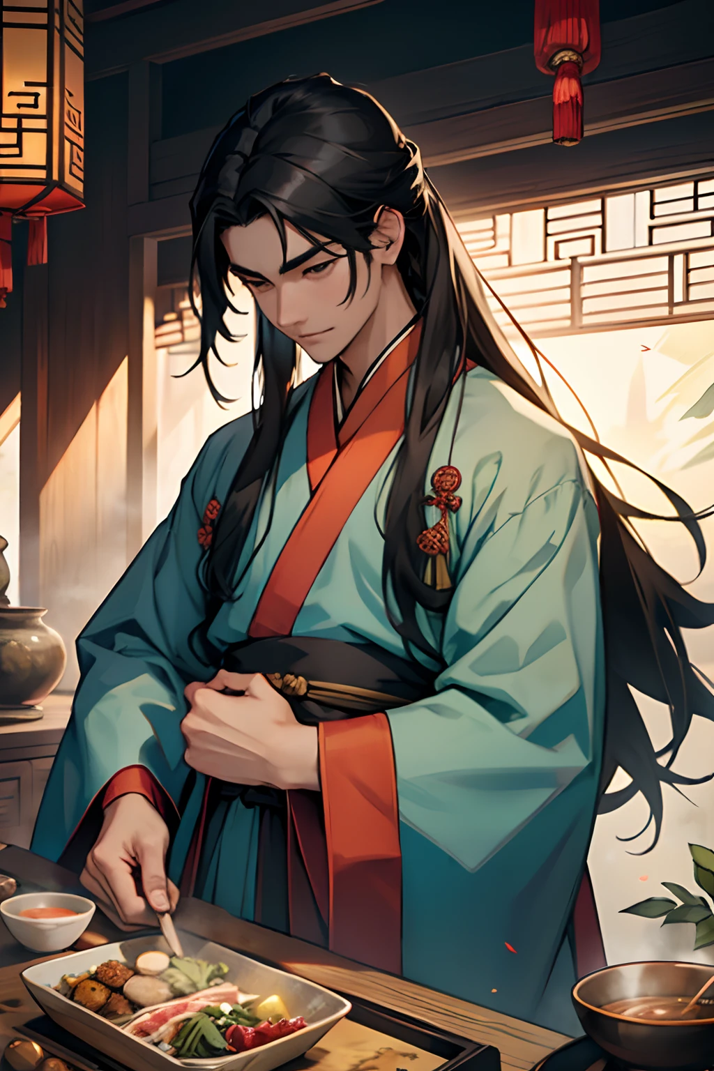 black hair handsome young man, long hair, chinese hanfu, looking down, gentle expression