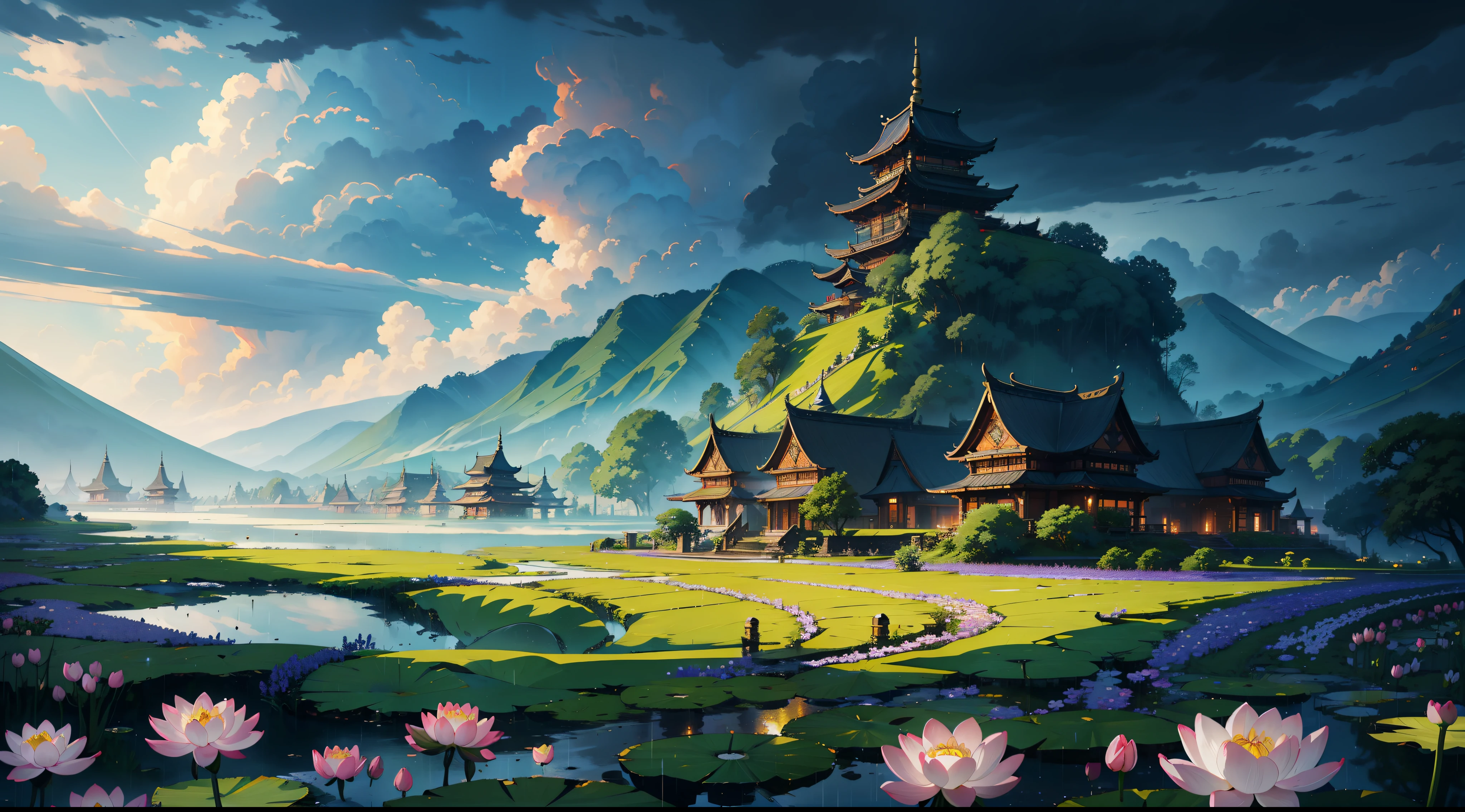 (masterpiece), (best quality), 8k, high detailed, ultra-detailed, A lotus village in the Rainy Kingdom covered by heavy clouds, ((heavy clouds)), (gloomy sky), endless shadows, lotus flowers, raindrops