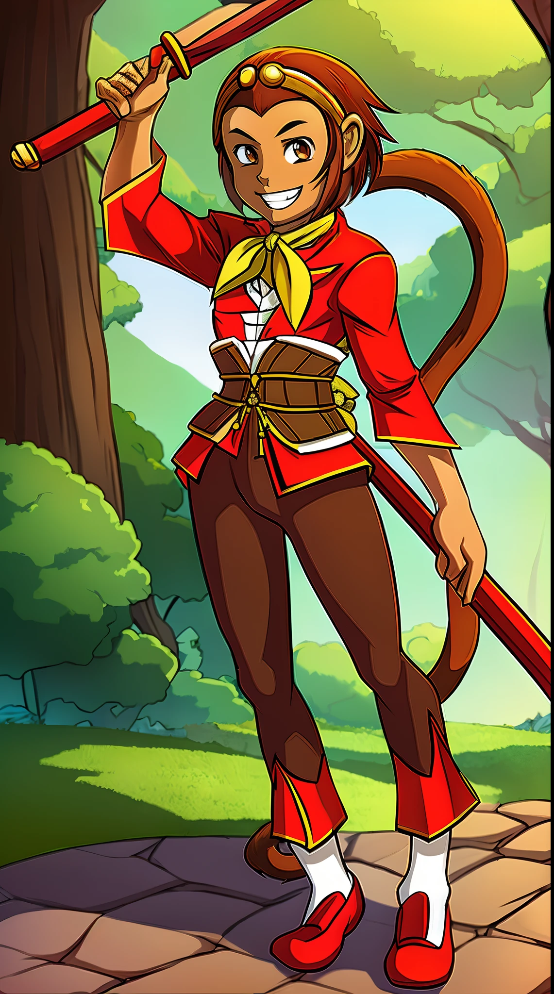 SonSon, monkey girl, (monkey tail), short hair, gold circlet, yellow ascot, brown pants, white socks, red chinese shoes, red tangzhuang, grin, brown eyes, outoors, chinese forest, red staff