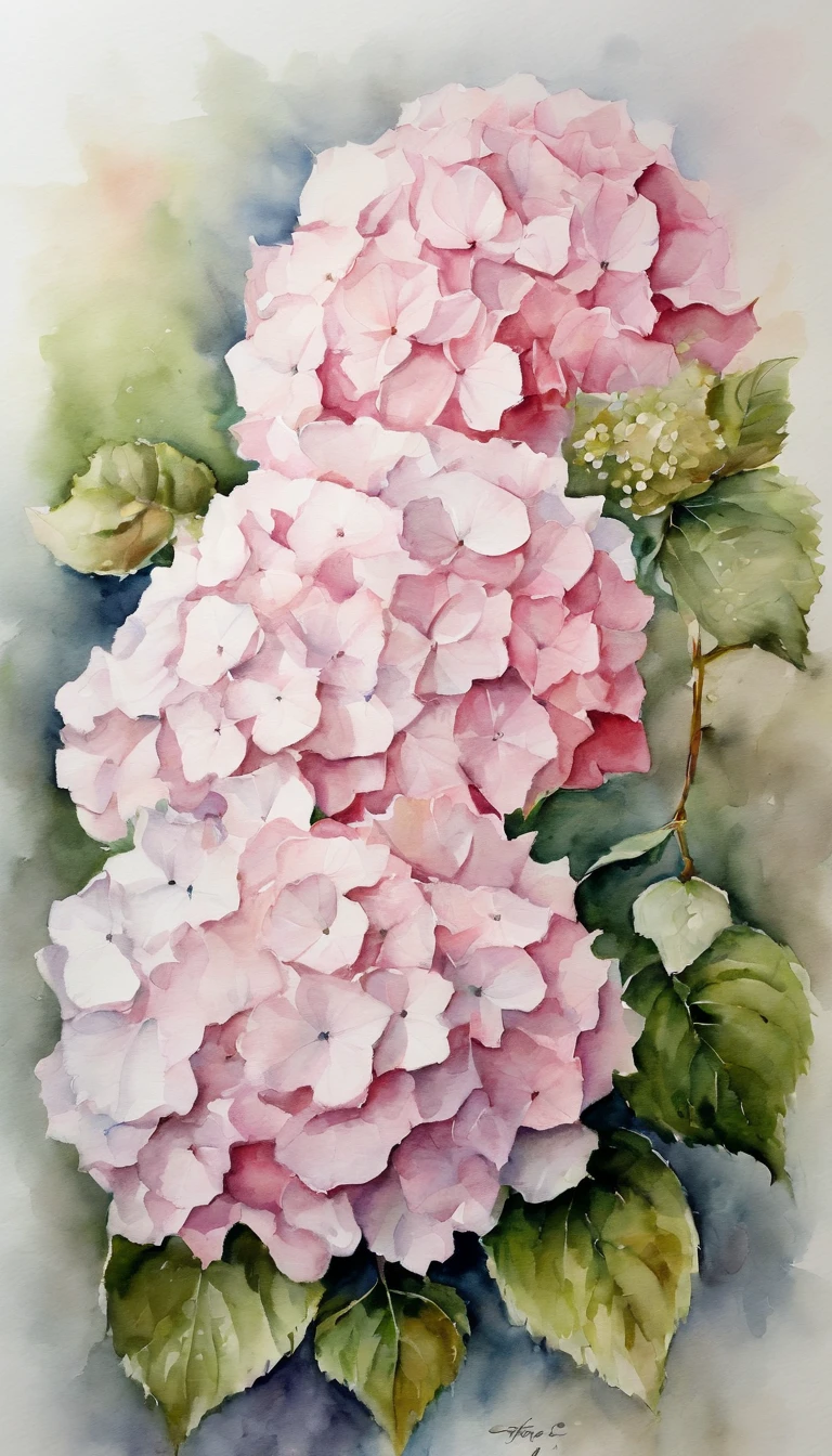 blush pink of 2 hydrangea, white background, (best quality), masterpiece, extremely detailed