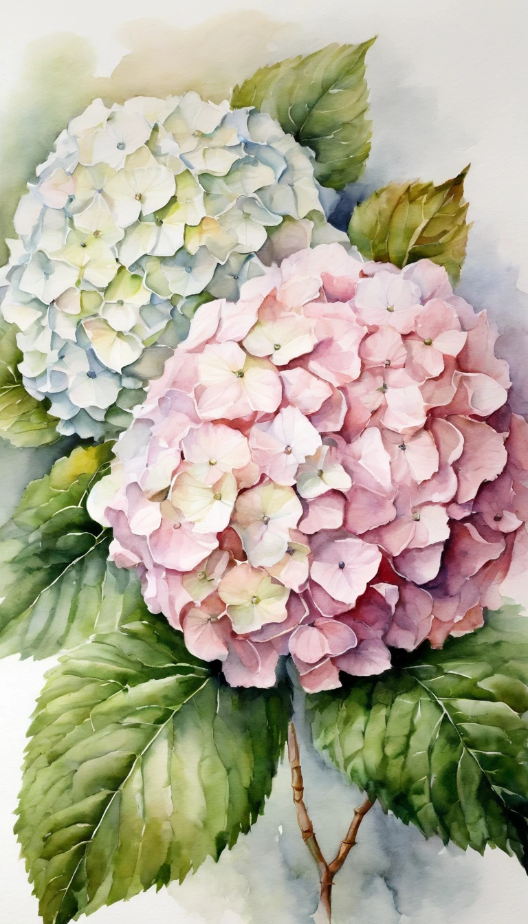 blush pink of 2 hydrangea, white background, (best quality), masterpiece, extremely detailed