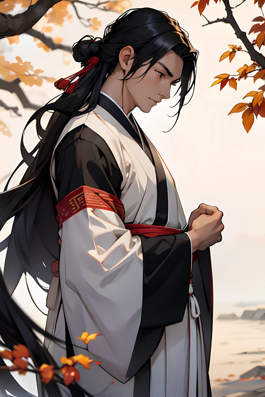 black hair handsome young man, long hair, chinese hanfu, looking down lovely, gentle expression