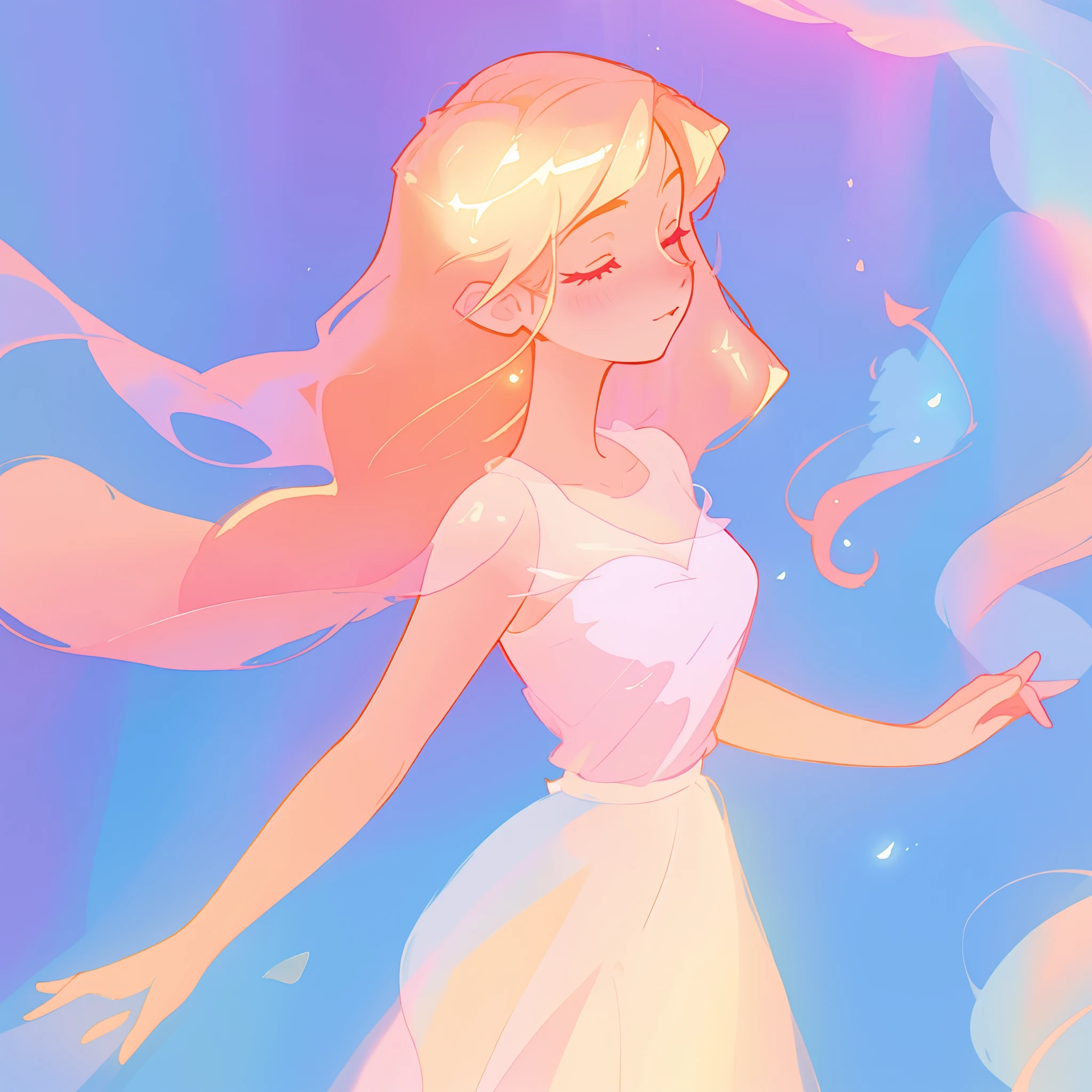 beautiful girl in pale pink dress, fairy dress, long peach and golden hair, watercolor illustration, inspired by Glen Keane, inspired by Lois van Baarle, disney art style, by Lois van Baarle, glowing aura around her, by Glen Keane, jen bartel, glowing lights! digital painting, flowing glowing hair, glowing flowing hair, beautiful digital illustration, fantasia otherworldly landscape plants flowers, beautiful, masterpiece, best quality, anime disney style
