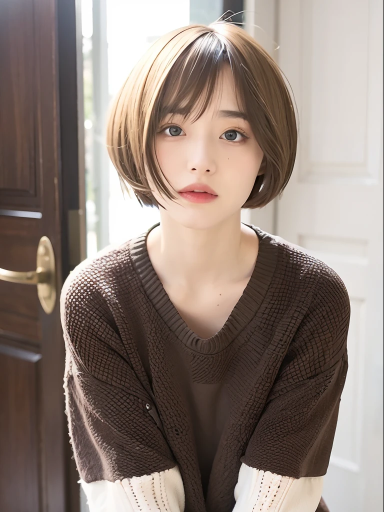 mix4,(top-quality), (Photorealsitic),(Shabby white door background:1.2), 1womanl, The upper part of the body, High Detail Face,, (Very light hair color on the inner)、 (8K)、Less bangs、(shorth hair:1.3)、(Bery short hair:1.6)、Wet hair、ssmile、Delicate and realistic skin and hair、（cowboy  shot:1.5）、Patterned lace clothes、（Dark Bordeaux hair color:1.5）、Less hair、adultlike face、Looking here、（Clothing that covers the shoulders:1.5）、（Winter clothes:1.5）、(sideways Facing:1.3)、inner colored、1 persons、Dramatic、Layered Hair Color、model poses、Twisting the body、Beautiful body lines、（mode:1.8）Chilly Winter、Cool、Hair curled on the outside