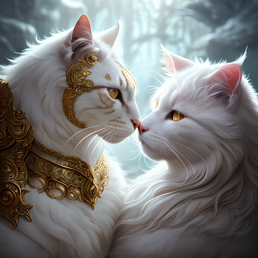 Large, fat, fluffy, white, long-haired Scottish cat, beside golden dragon with scaly skin sit in each other's arms and look at each other like lovers, concept art, complex, elegant, highly detailed digital painting, smooth, sharp focus, illustration, stunningly intricate detail, luminous filigree fantasy, digital art masterpiece, centred composition perfect composition, intricate pose, intricate, beautifully detailed insanely detailed octane rendering, 8k, art photography, photorealistic concept art, soft natural volumetric cinematic perfect light, award winning photography, masterpiece, oil on canvas, intricate, elegant, highly detailed digital artwork
