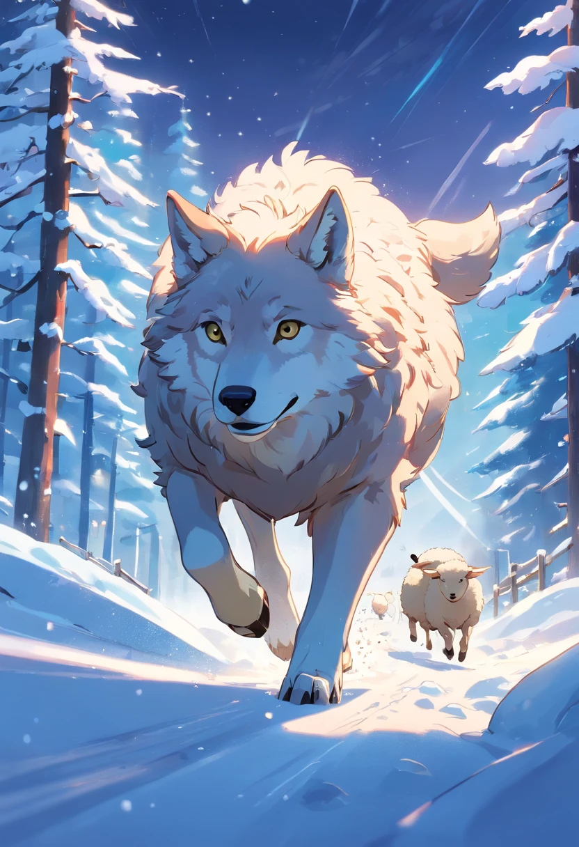 Cartoon picture of a wolf chasing a sheep in the snow, storybook illustrations, childrens illustrated storybook, Storybook illustration, Big bad wolf, cute storybook illustration, children's book illustrations, children's book illustrations, storybook illustrations, children's book illustrations, mixture between an!owl and wolf, Children's book illustration, children's book illustrations, children's animated films