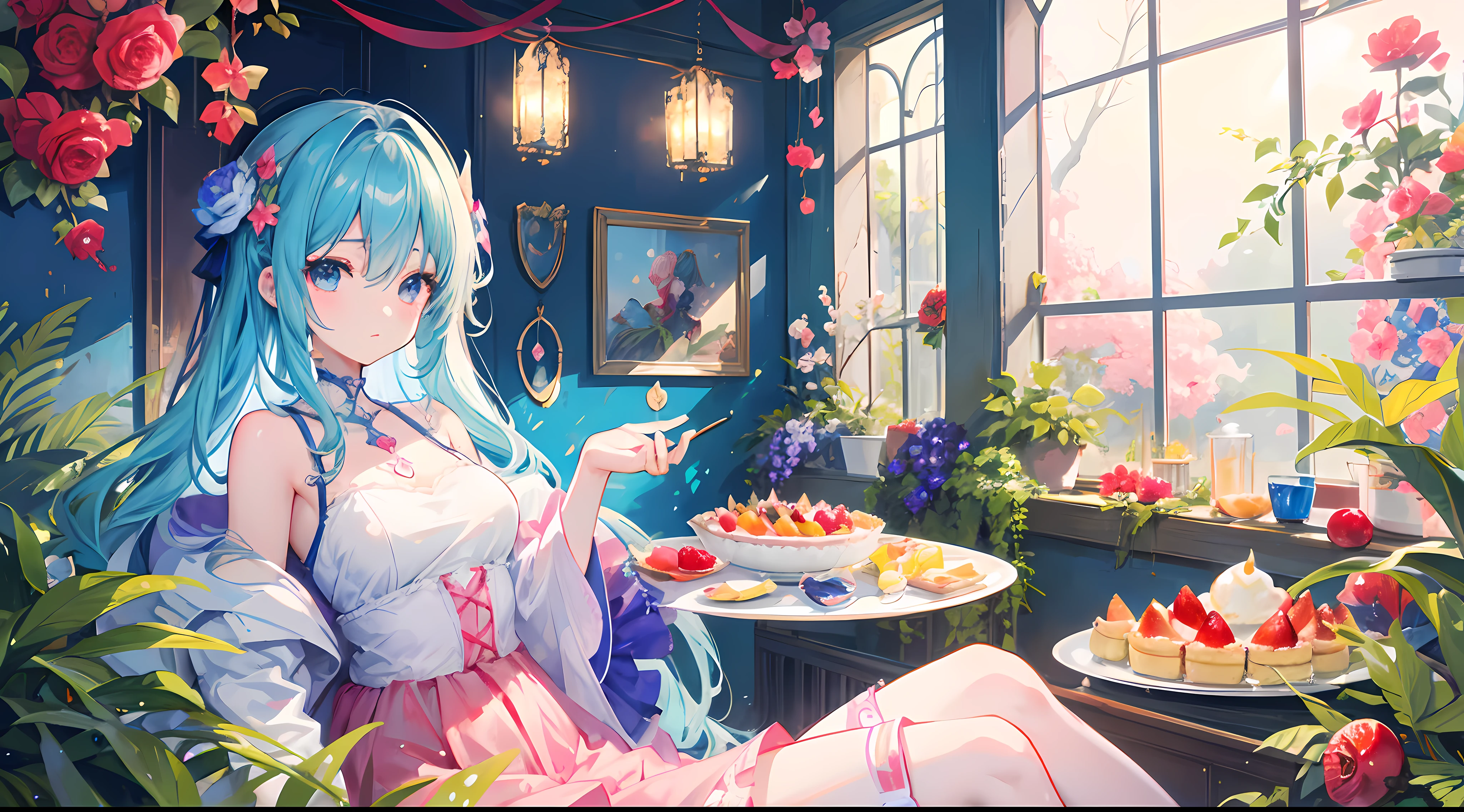 animesque、illustratio、fine lines、ultra-definition、Ultra High Definition Facial、Ultra-fine eyes、fantastical light、Girl Eating Tart、Fruit tart、Lots of tarts、colourfull、colorful flower、Fantasia、room full of plants、glasshouse