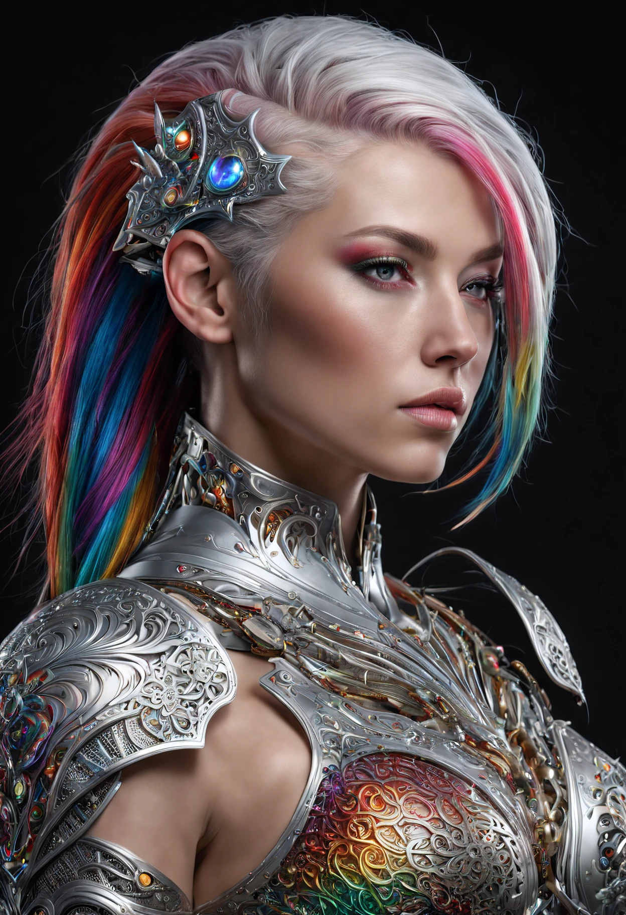 (((Top Quality: 1.4))),(Unparalleled Masterpiece),ultra high res,(Photorealsitic:1.4),surreal photography of a stunning beautiful cyborg female, rainbow hair, huge breast, (beauty and detailed armor), embraced, delicate white platinum filigree, intricate filigree, glowing, navel, highly detailed, intricate detailed, face symmetry, masterpiece, award-winning, sharp focus, concept art, octane render,(half body image:1.5)