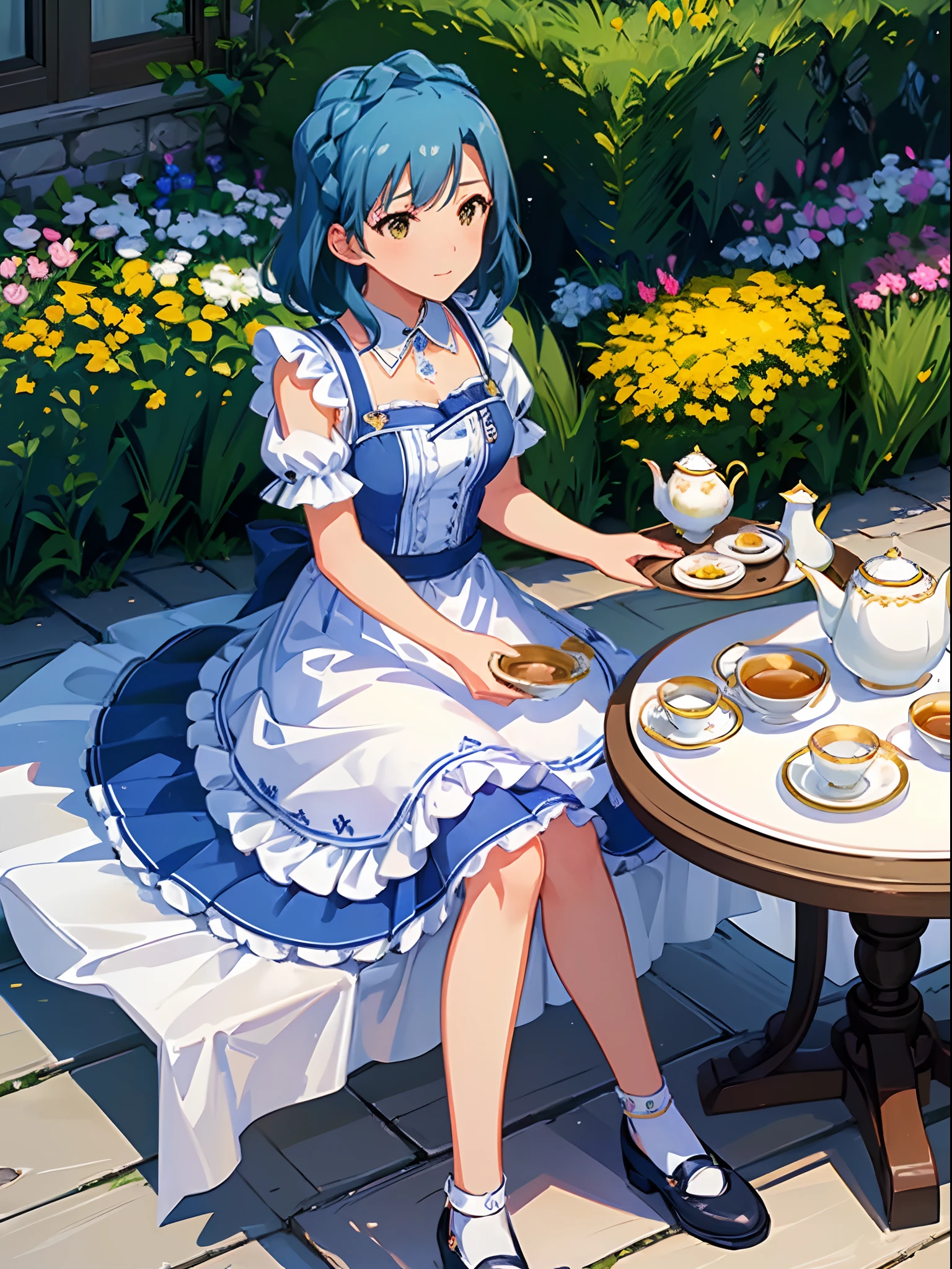 yuriko nanao (million live), 1 girl, solo, best quality, high resolution, 8k, wallpaper, ultra-detailed, light smile, Alice in wonderland, (((light blue dress, white apron, frilled apron, white legwear:1.2, black footwear, Mary Janes))), (((tea party in the garden:1.2, tea set on the table))), outdoor, (((beautiful garden))),